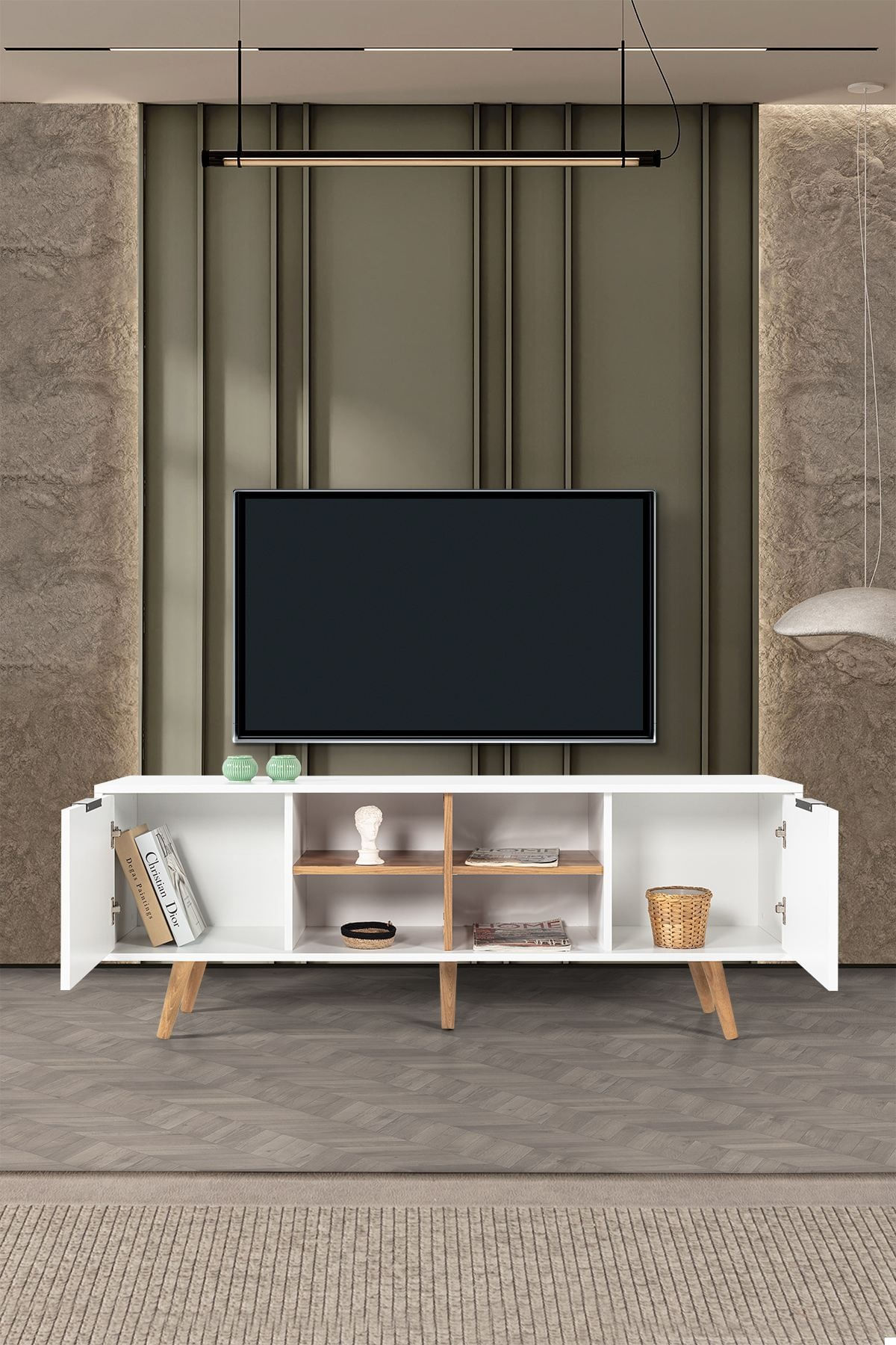Comoda TV Sina 3618, 160 x 59 x 35 cm, alb nuc, PAL melaminat — imaginea 5