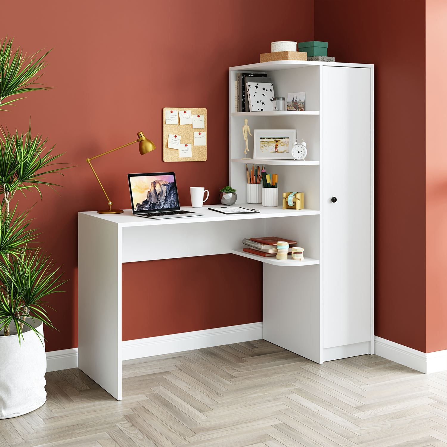 Birou cu biblioteca 2128, 143,2 x 143,2 x 50 cm, alb, PAL melaminat, design modern — imaginea 3