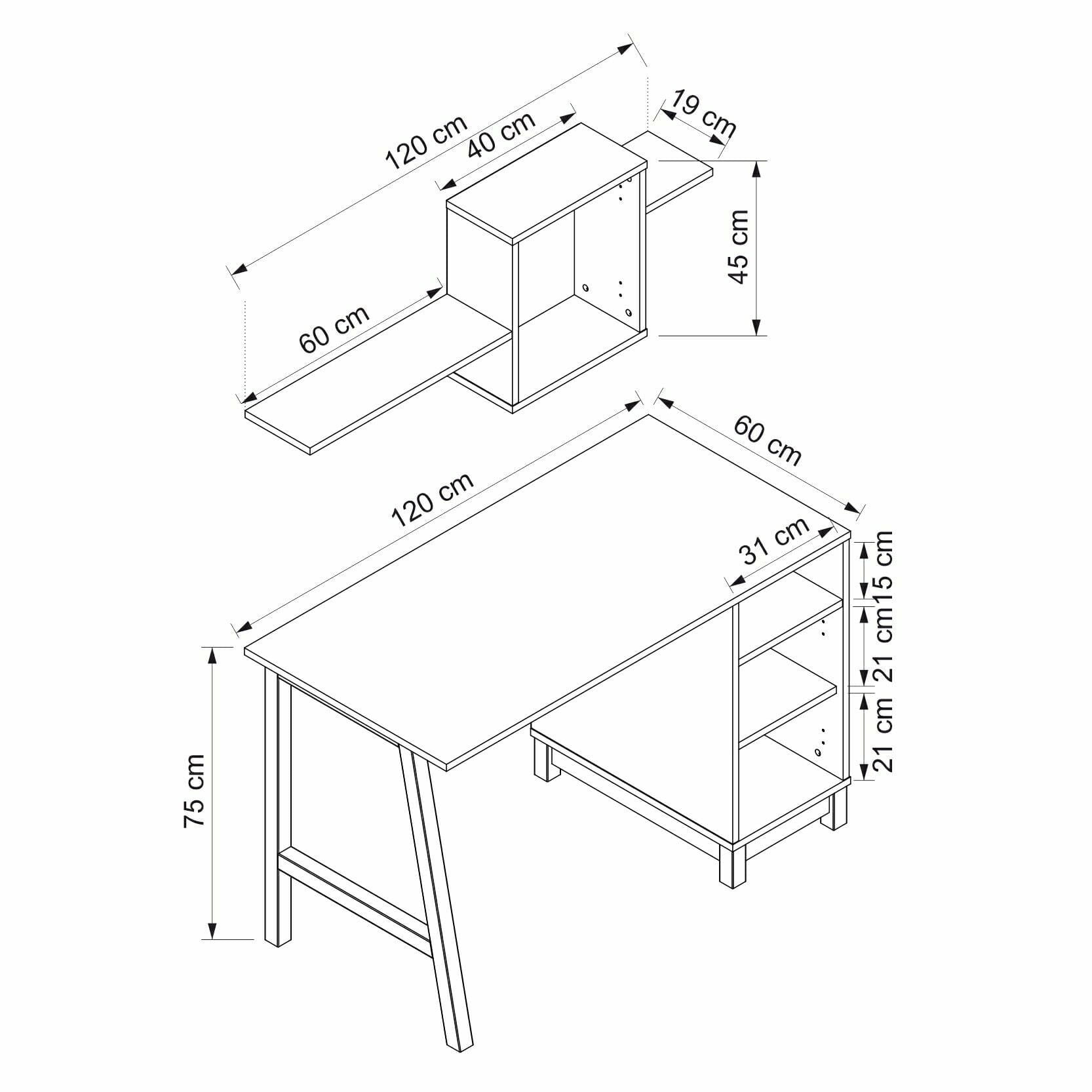 Birou cu biblioteca Venaro Set 1 (birou + biblioteca mare), 120 x 75 x 60 cm, alb nuc, PAL melaminat, design modern — imaginea 5