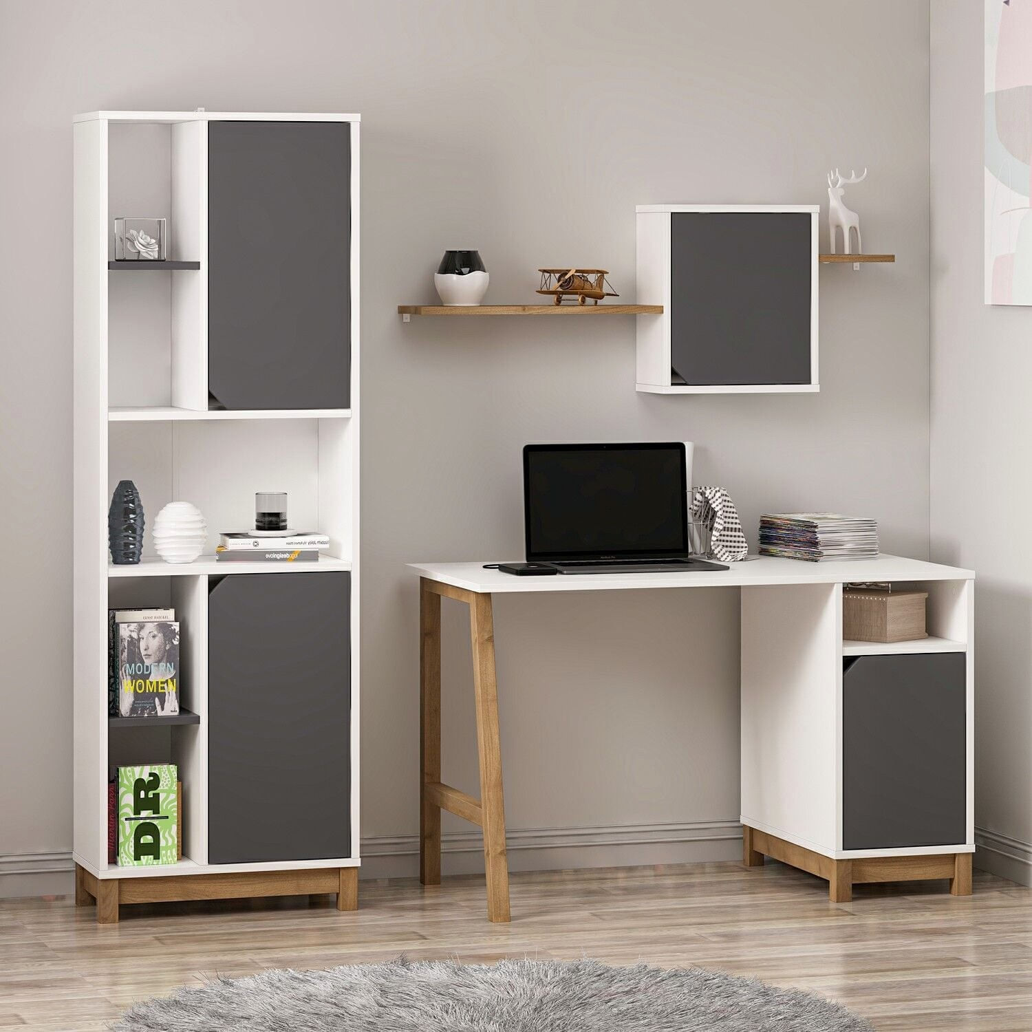 Birou cu biblioteca Venaro Set 1 (birou + biblioteca mare), 120 x 75 x 60 cm, alb nuc, PAL melaminat, design modern — imaginea 7