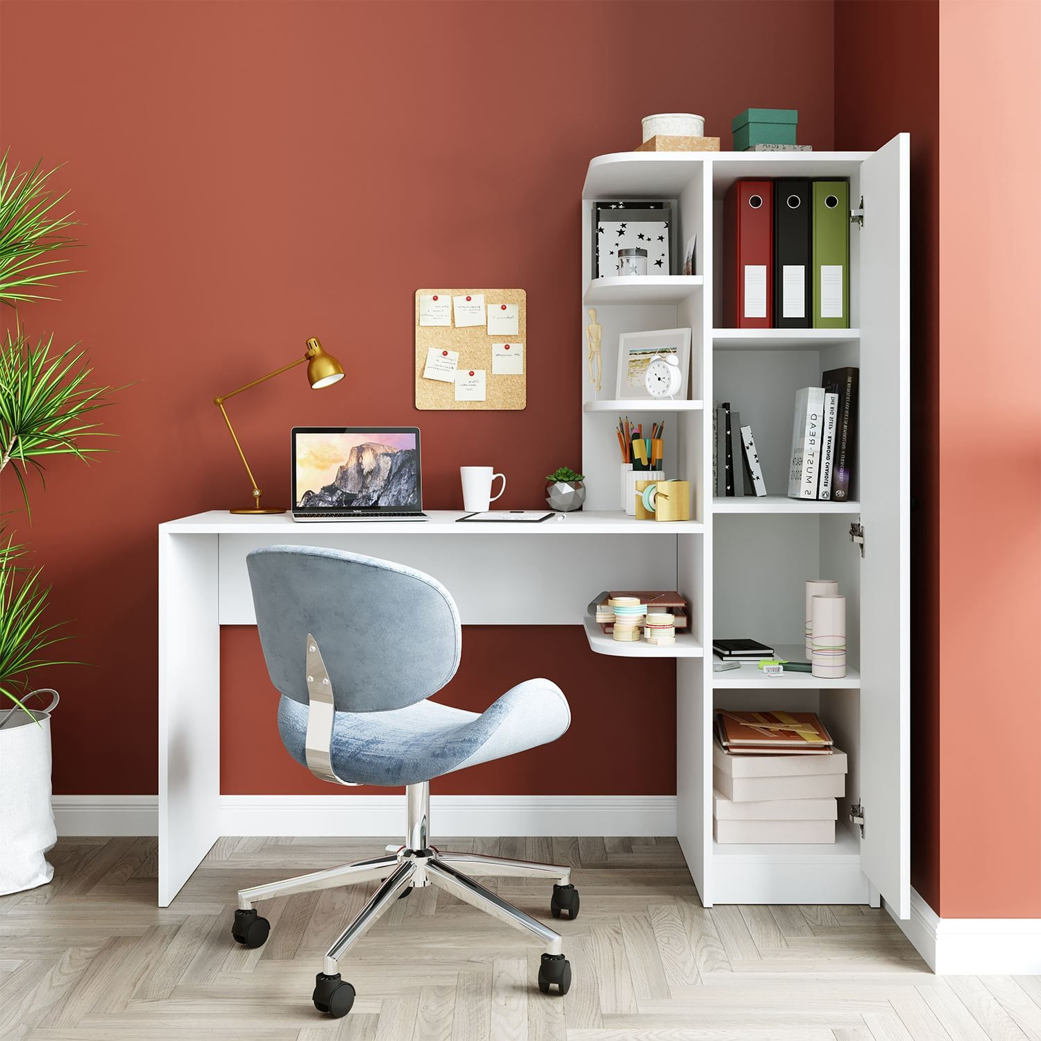 Birou cu biblioteca 2128, 143,2 x 143,2 x 50 cm, alb, PAL melaminat, design modern — imaginea 4