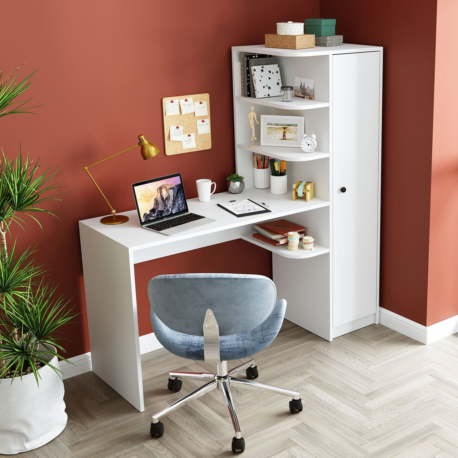 Birou cu biblioteca 2128, 143,2 x 143,2 x 50 cm, alb, PAL melaminat, design modern — imaginea 6