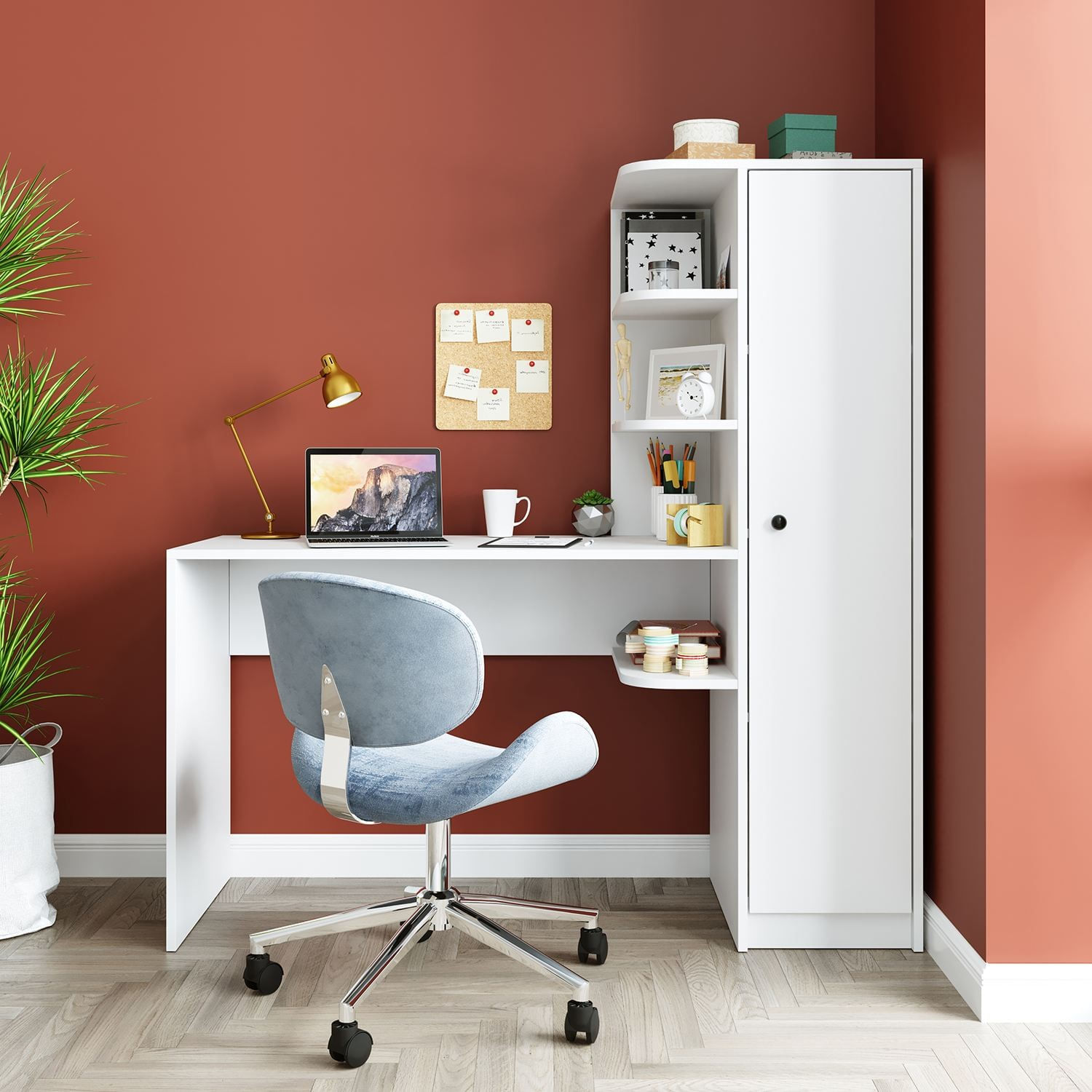 Birou cu biblioteca 2128, 143,2 x 143,2 x 50 cm, alb, PAL melaminat, design modern — imaginea 7