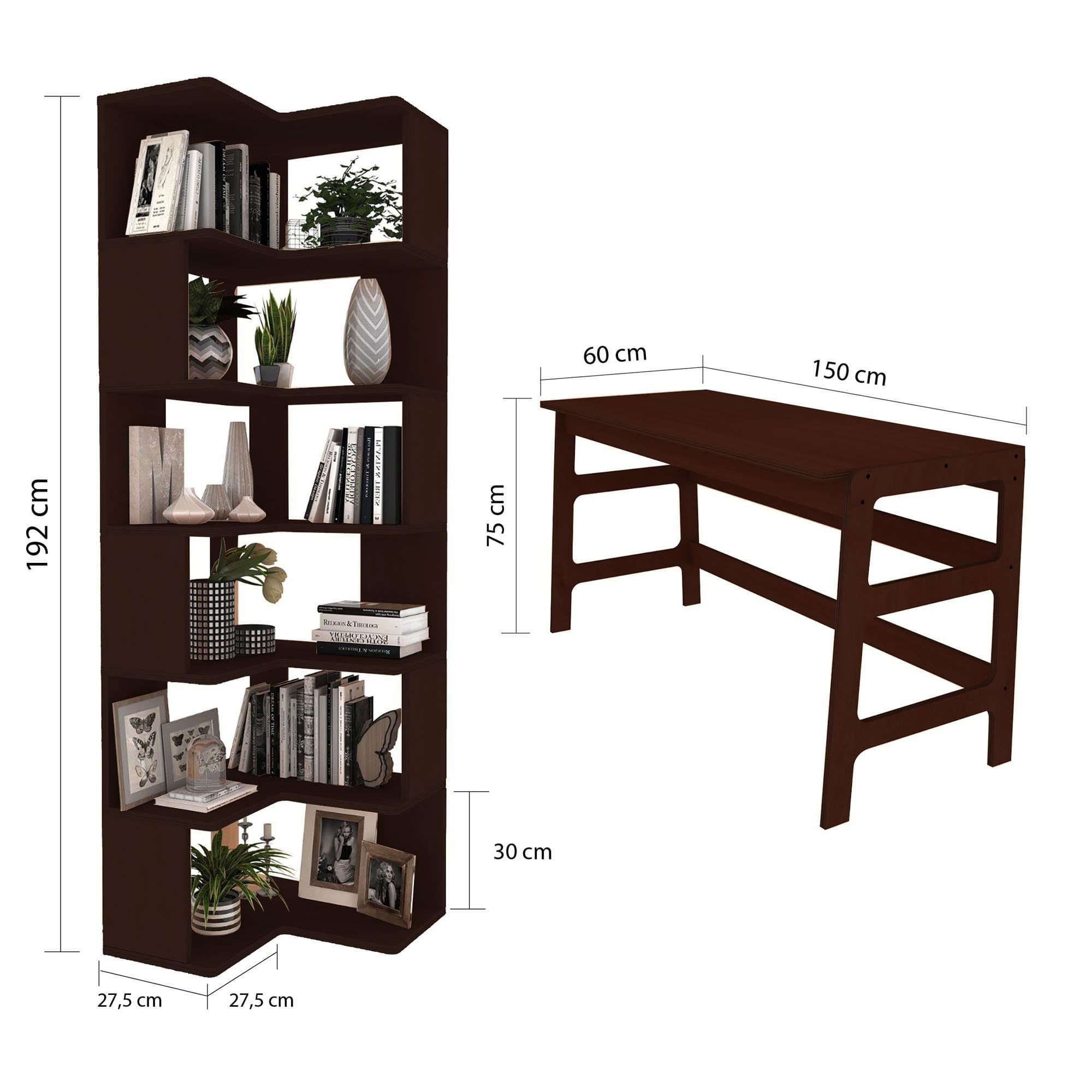 Birou cu biblioteca CPT4803-150, 55 x 192 x 27 cm, nuc, lemn, spatiu de depozitare, fixare pe perete — imaginea 7