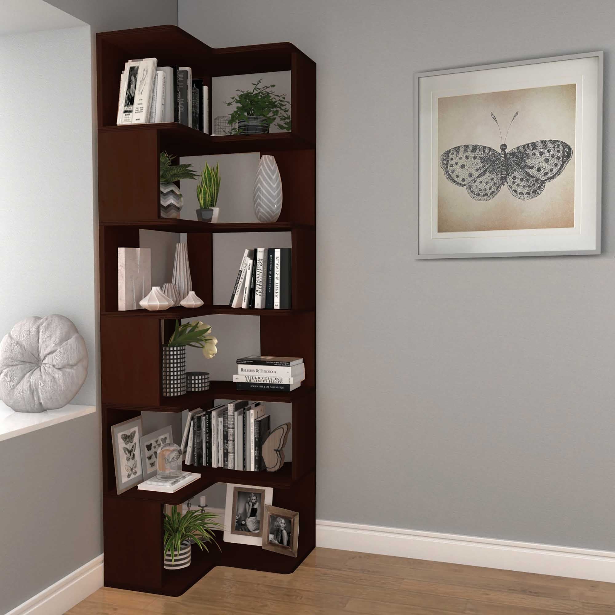 Birou cu biblioteca CPT4803-150, 55 x 192 x 27 cm, nuc, lemn, spatiu de depozitare, fixare pe perete — imaginea 8