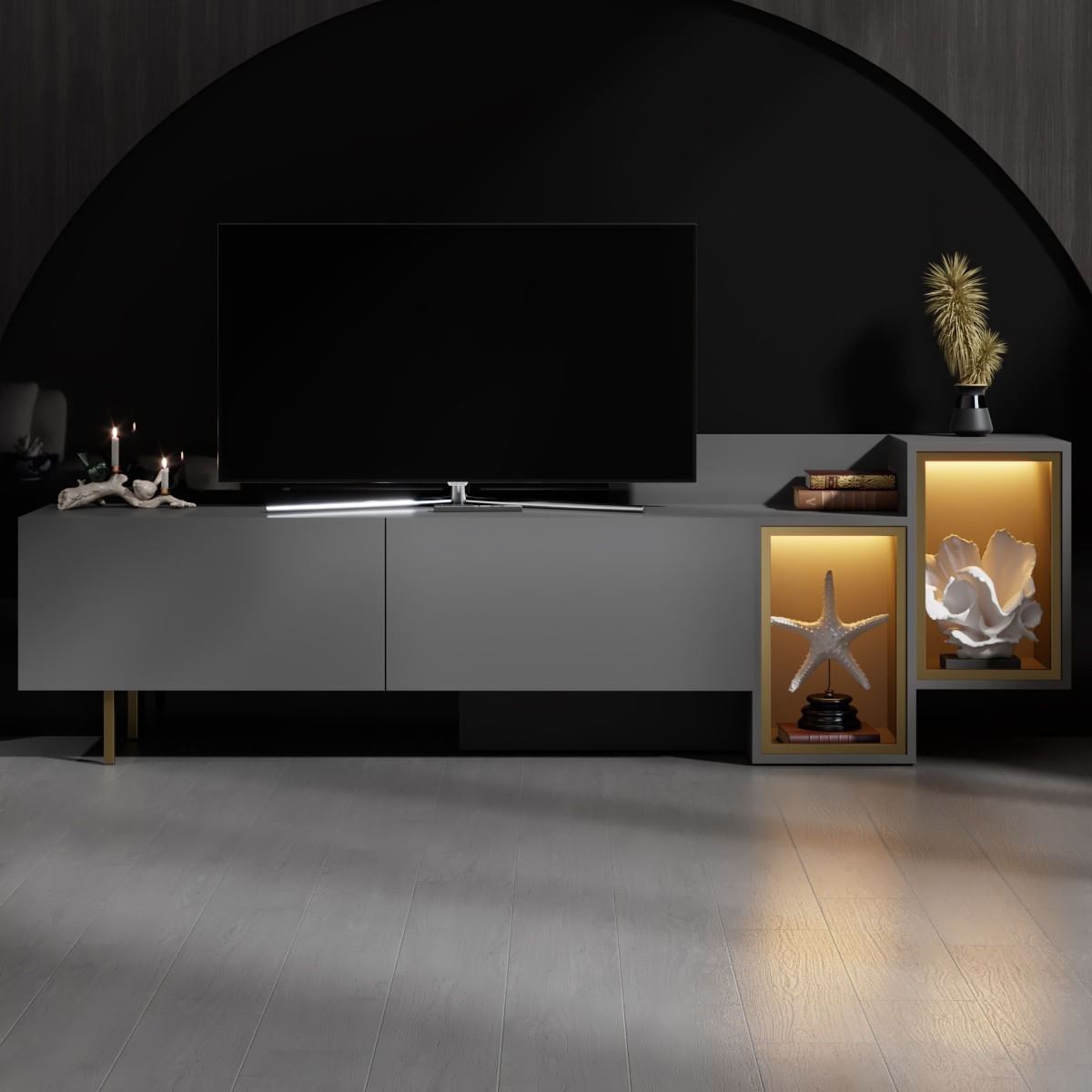 Comoda TV Tenon, 213, 2 x 65 x 36, 8 cm, antracit auriu, PAL melaminat, antracit / gold — imaginea 2