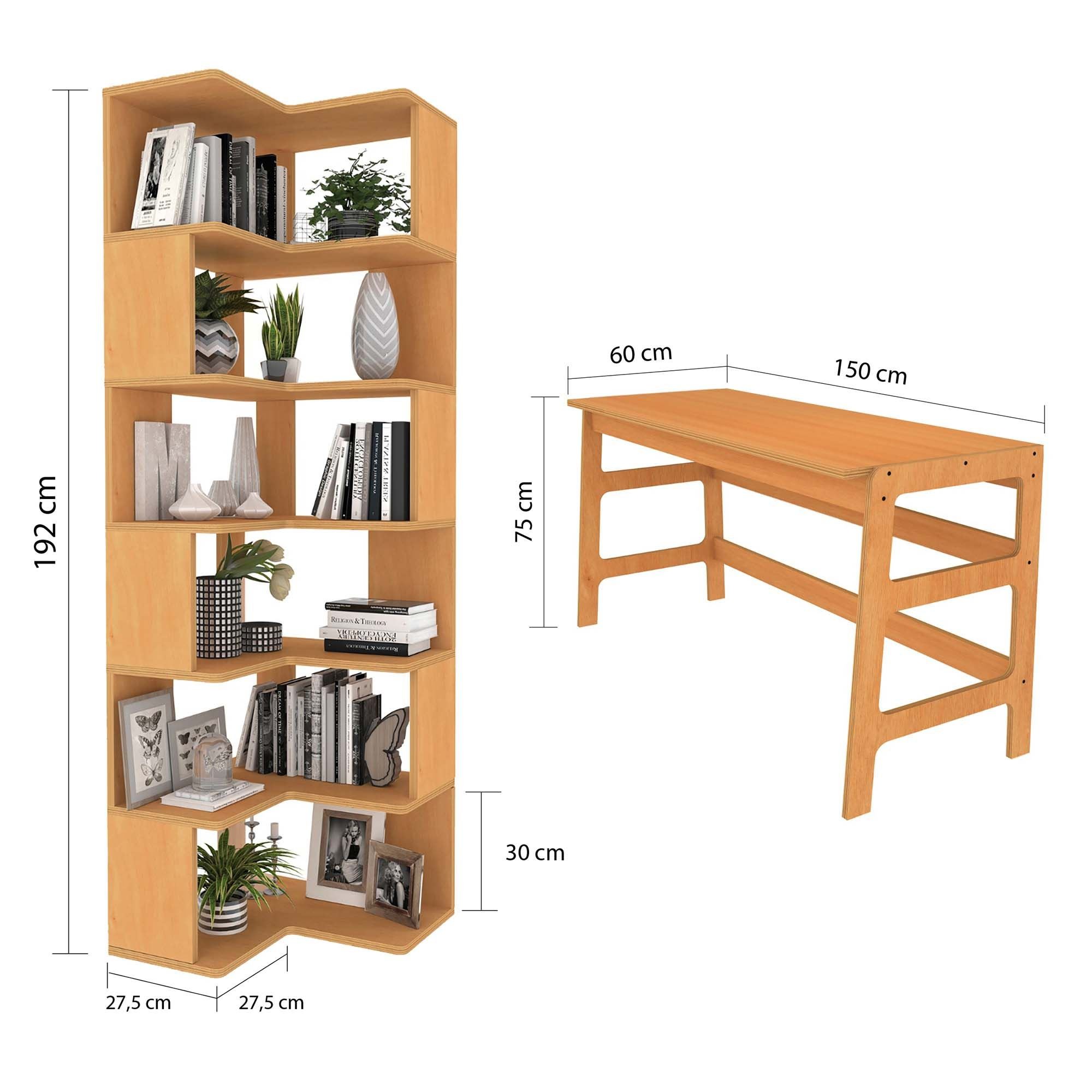 Birou cu biblioteca CPT4802-150, 55 x 192 x 27 cm, tec, lemn, spatiu de depozitare, fixare pe perete — imaginea 5