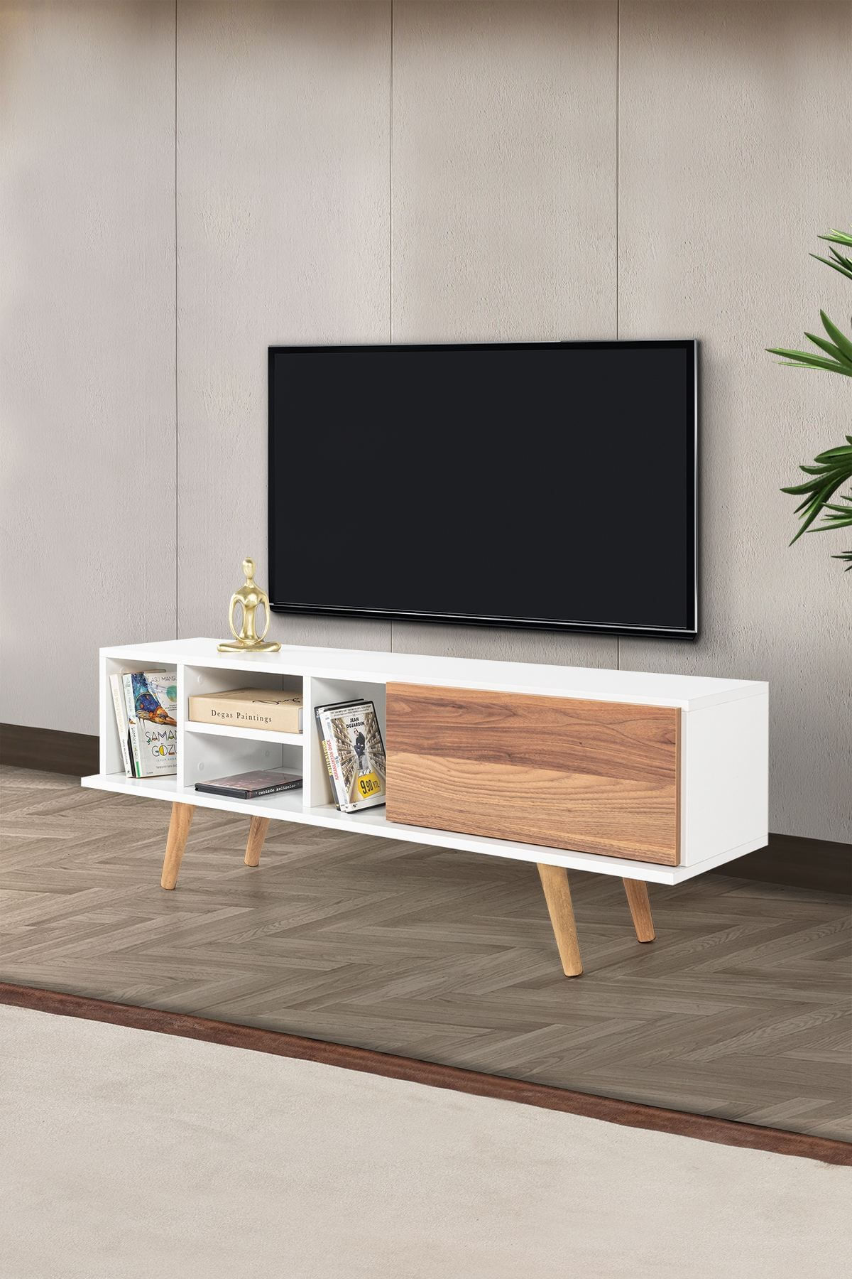 Comoda TV Ela 3330, 130 x 47 x 35 cm, alb nuc, PAL melaminat — imaginea 4
