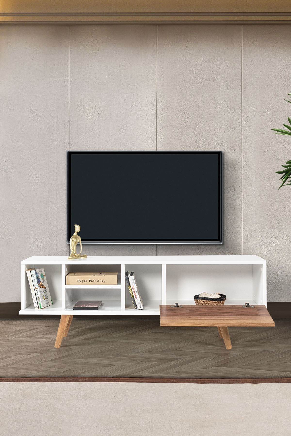 Comoda TV Ela 3330, 130 x 47 x 35 cm, alb nuc, PAL melaminat — imaginea 6