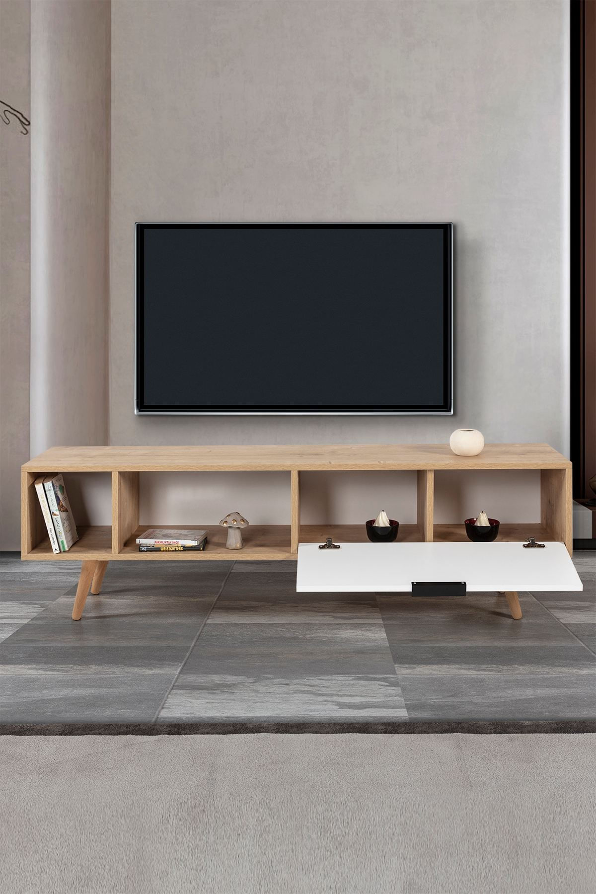 Comoda TV Venüs 3640, 160 x 46 x 35 cm, stejar safir alb, PAL melaminat — imaginea 3