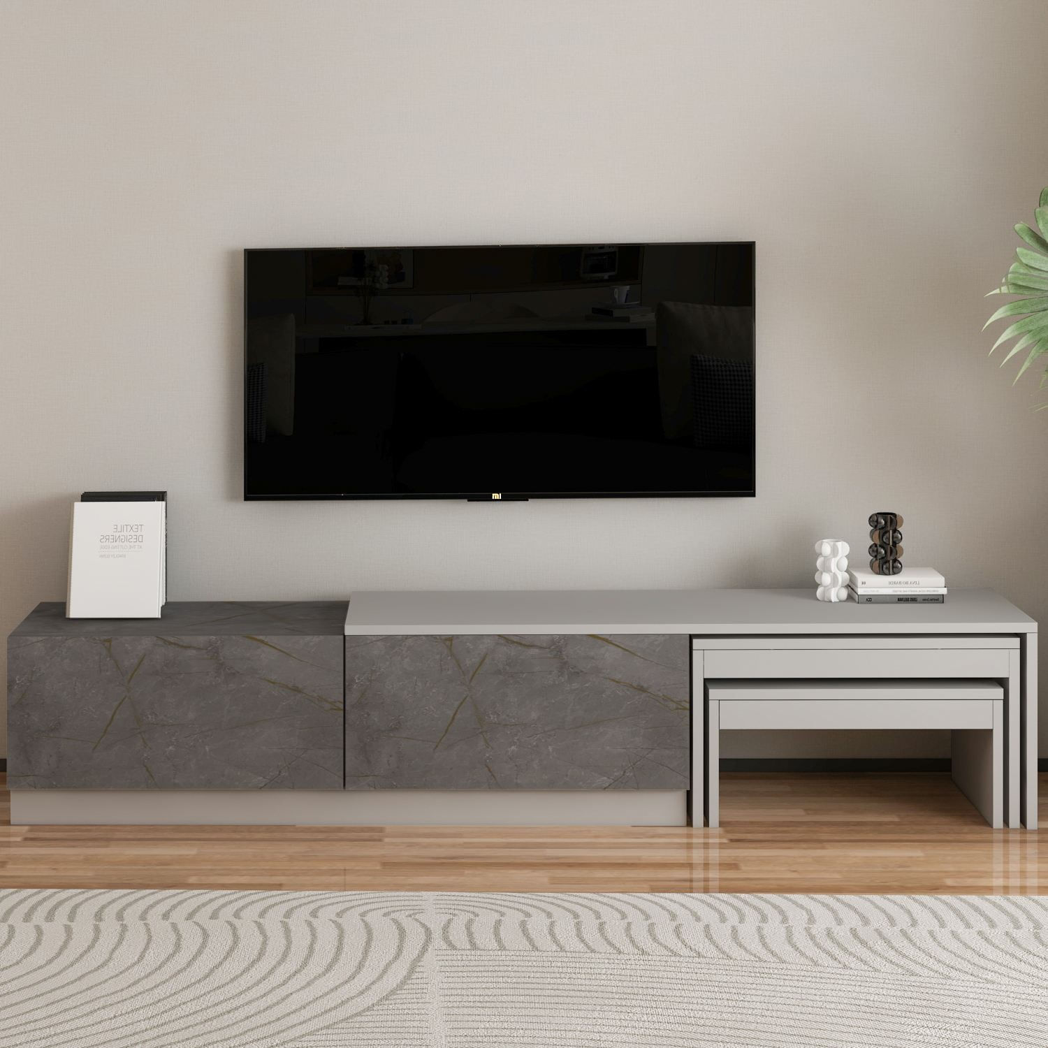 Comoda TV Nest, 180 x 36 x 30 cm, gordion marmura gri, PAL melaminat, fixare pe perete, gordion marble / gri — imaginea 2