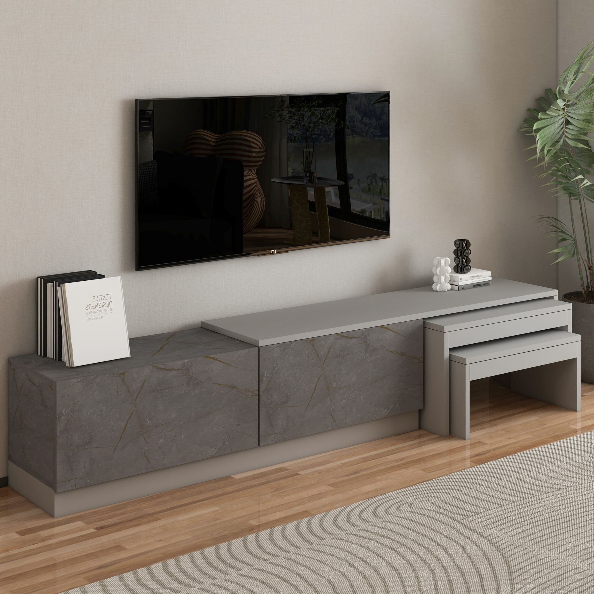 Comoda TV Nest, 180 x 36 x 30 cm, gordion marmura gri, PAL melaminat, fixare pe perete, gordion marble / gri — imaginea 5