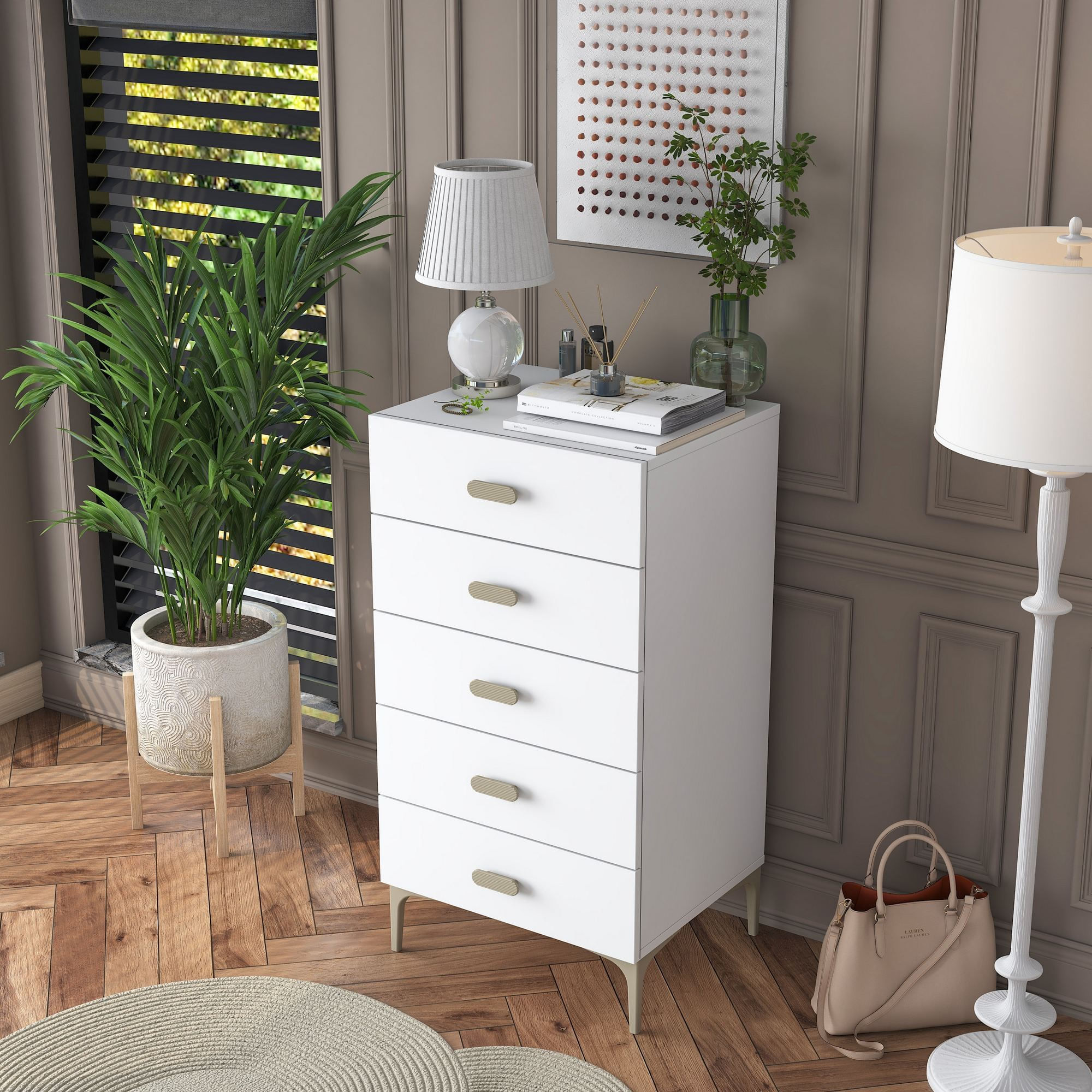 Comoda dormitor BE106, 55,4 x 105,4 x 45 cm, alb, PAL, spatiu de depozitare, fixare pe perete — imaginea 3