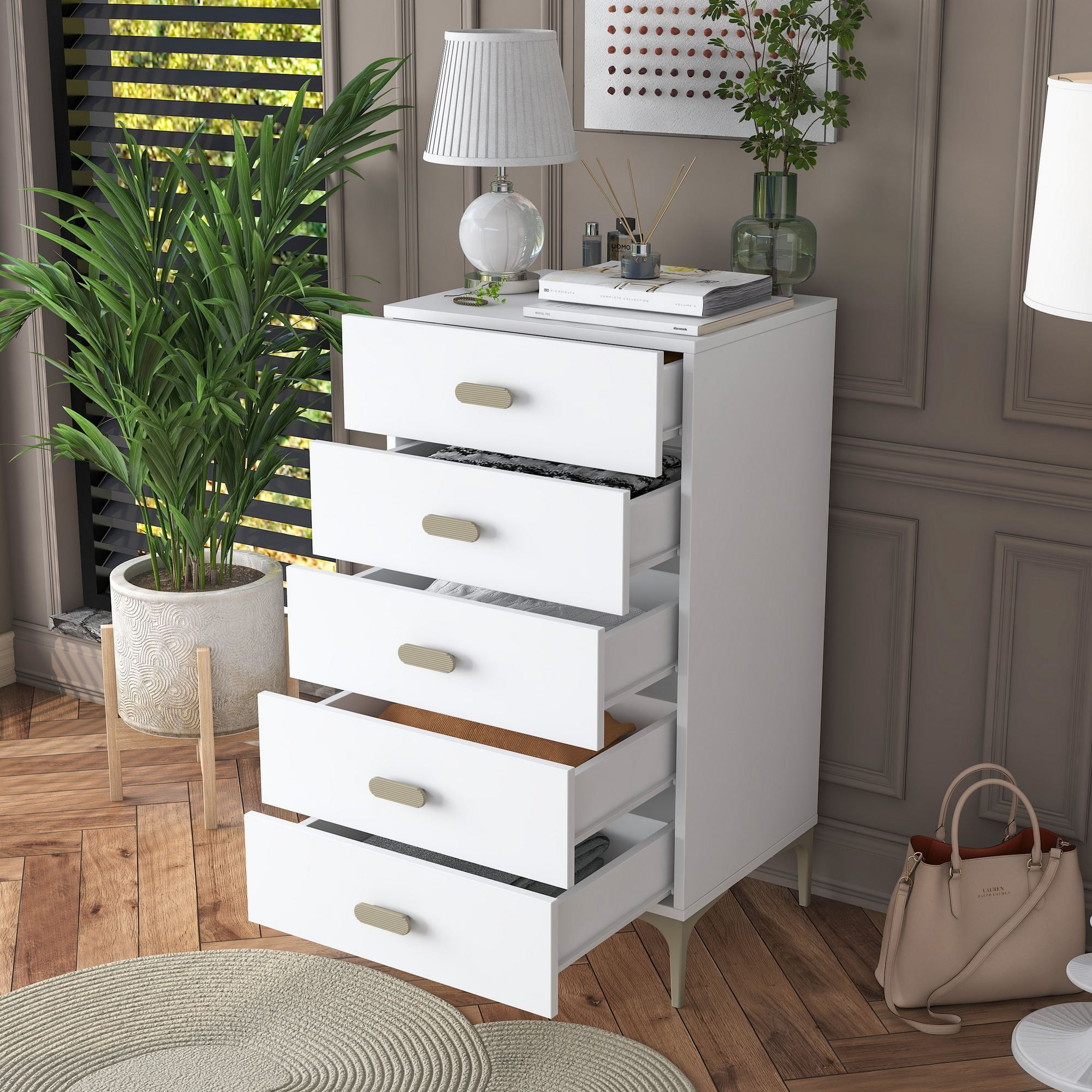 Comoda dormitor BE106, 55,4 x 105,4 x 45 cm, alb, PAL, spatiu de depozitare, fixare pe perete — imaginea 8