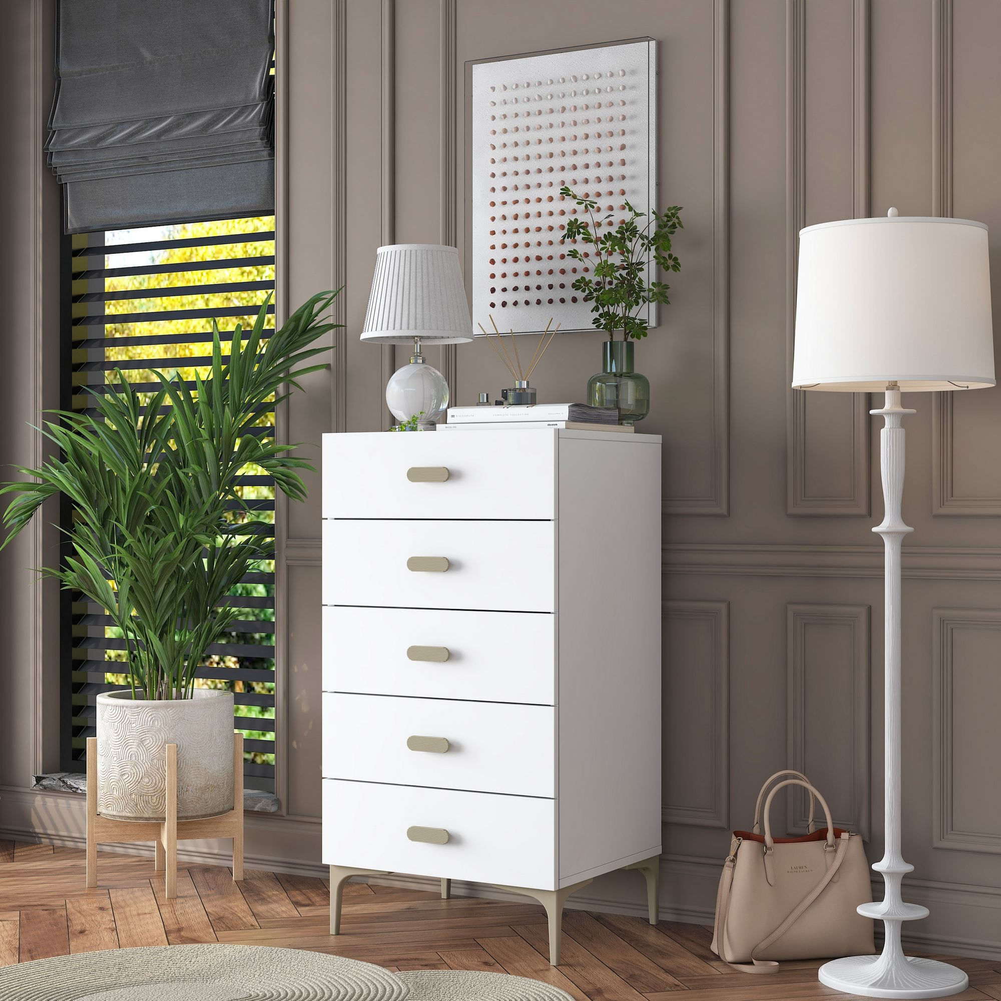 Comoda dormitor BE106, 55,4 x 105,4 x 45 cm, alb, PAL, spatiu de depozitare, fixare pe perete — imaginea 11