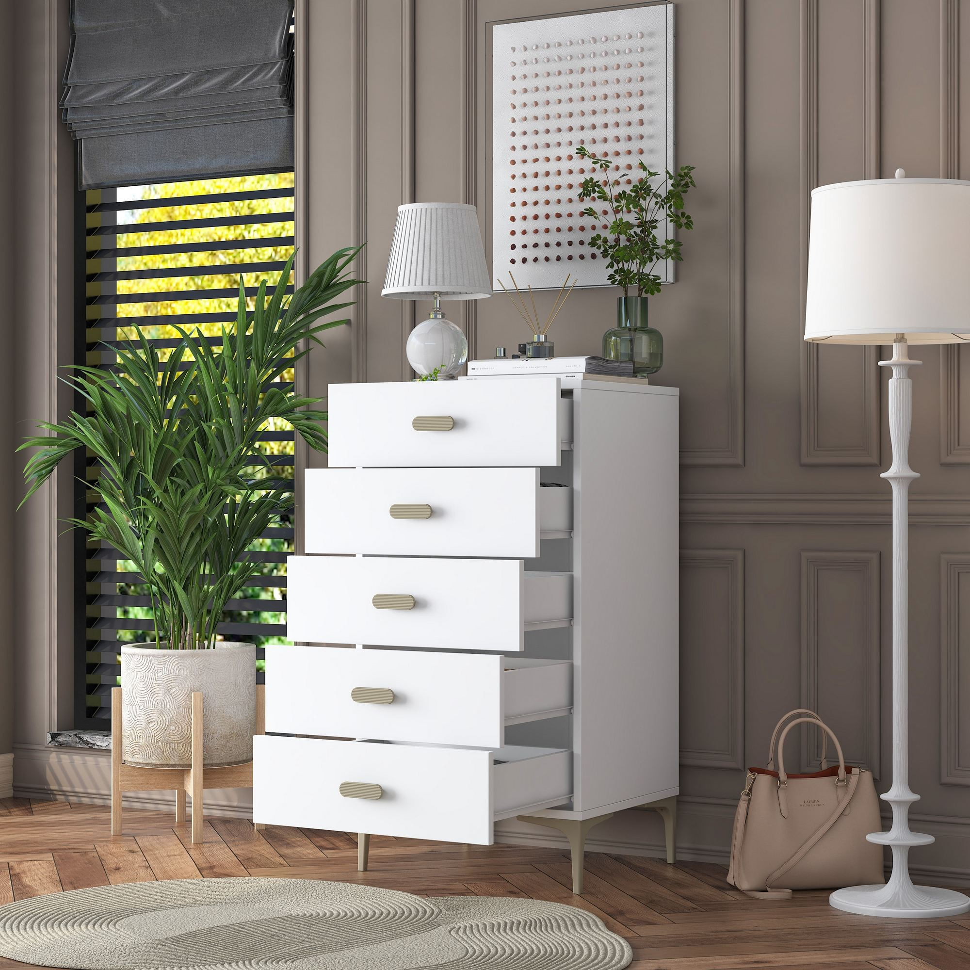 Comoda dormitor BE106, 55,4 x 105,4 x 45 cm, alb, PAL, spatiu de depozitare, fixare pe perete — imaginea 12