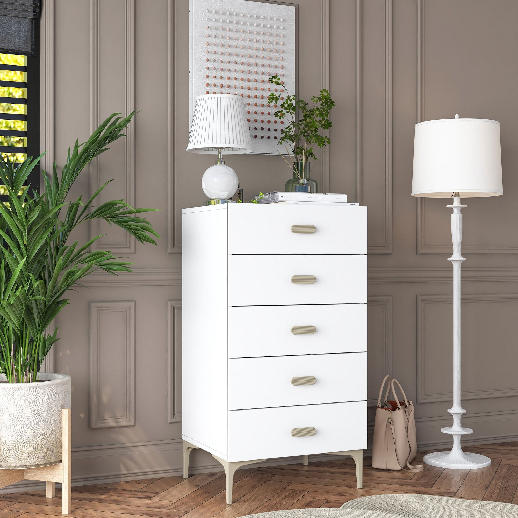 Comoda dormitor BE106, 55,4 x 105,4 x 45 cm, alb, PAL, spatiu de depozitare, fixare pe perete — imaginea 13