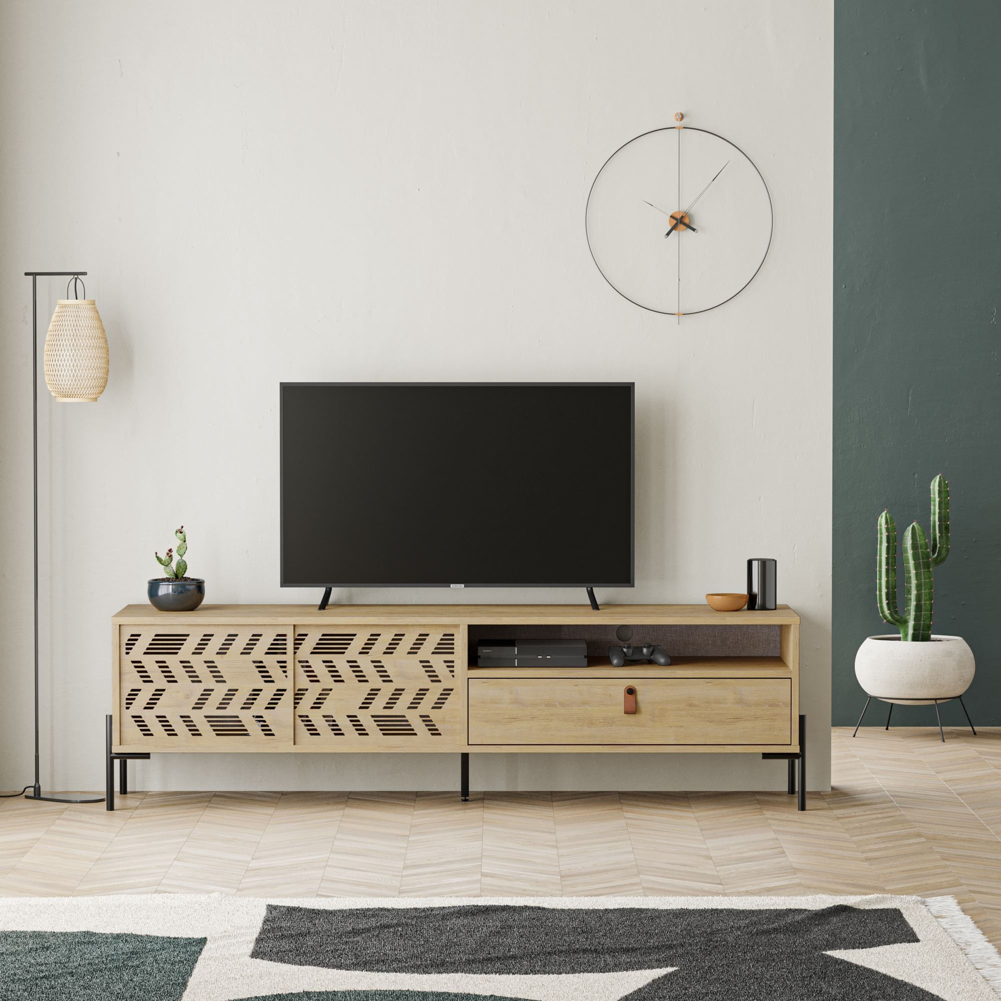 Comoda TV Dıonysos, 170 x 48, 6 x 45 cm, PAL melaminat, fixare pe perete, capacitate 50 kg, safir stejar — imaginea 4
