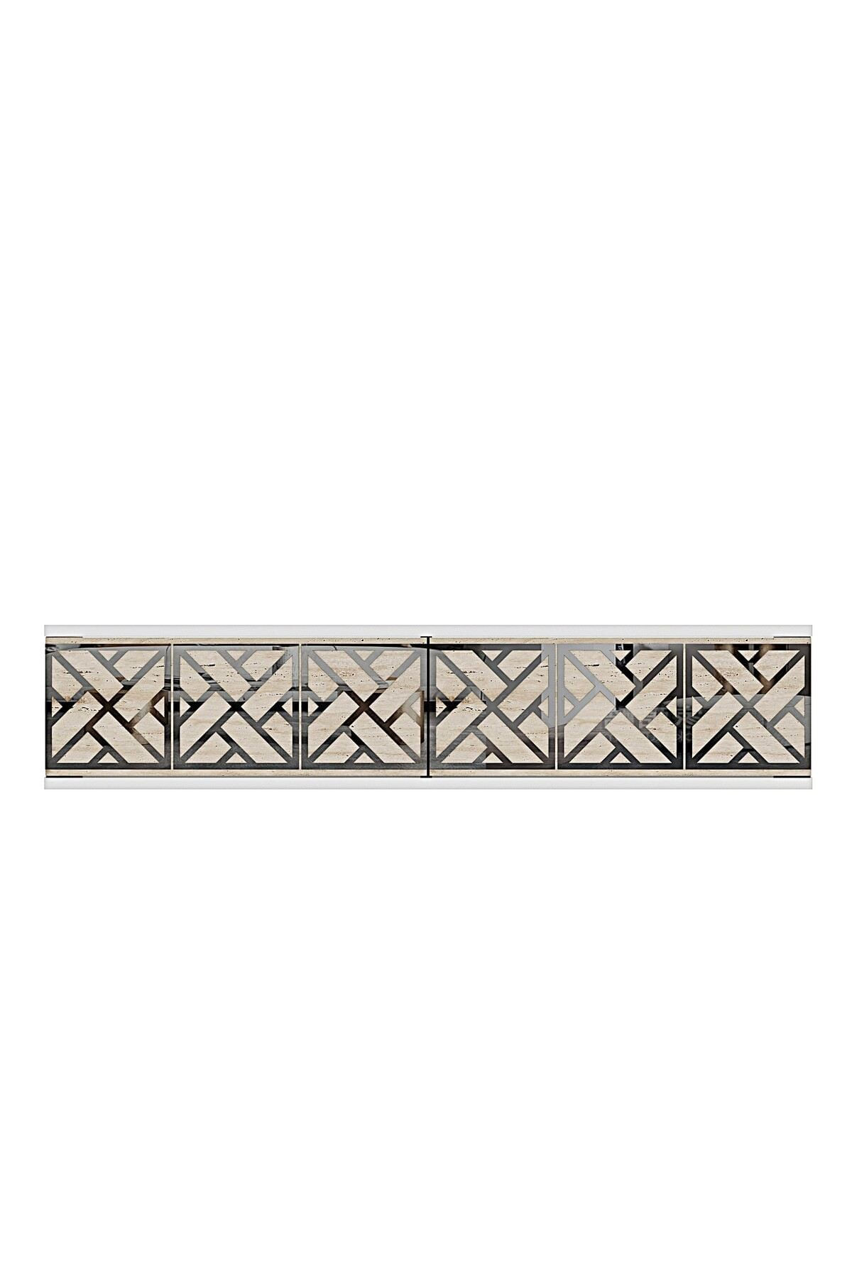 Comoda dormitor Arex 120, 120 x 25, 5 x 29, 6 cm, alb argintiu travertin, PAL melaminat, oglinda inclusa, fixare pe perete, alb / silver / travertin — imaginea 3