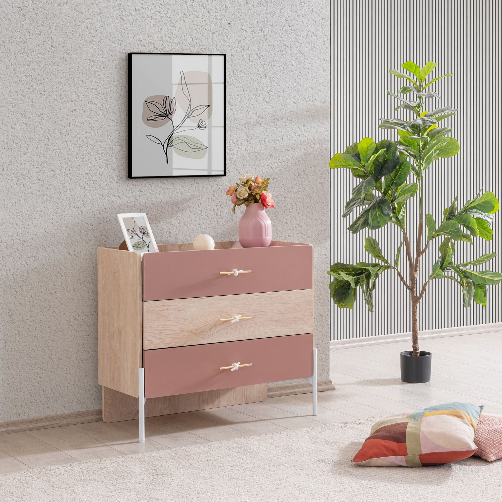 Comoda dormitor Rosetta, 89 x 79 x 42 cm, maro roz, PAL melaminat, spatiu de depozitare, fixare pe perete — imaginea 6
