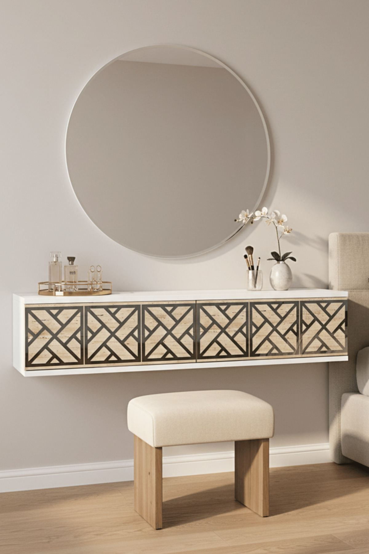 Comoda dormitor Arex 120, 120 x 25, 5 x 29, 6 cm, alb argintiu travertin, PAL melaminat, oglinda inclusa, fixare pe perete, alb / silver / travertin — imaginea 5