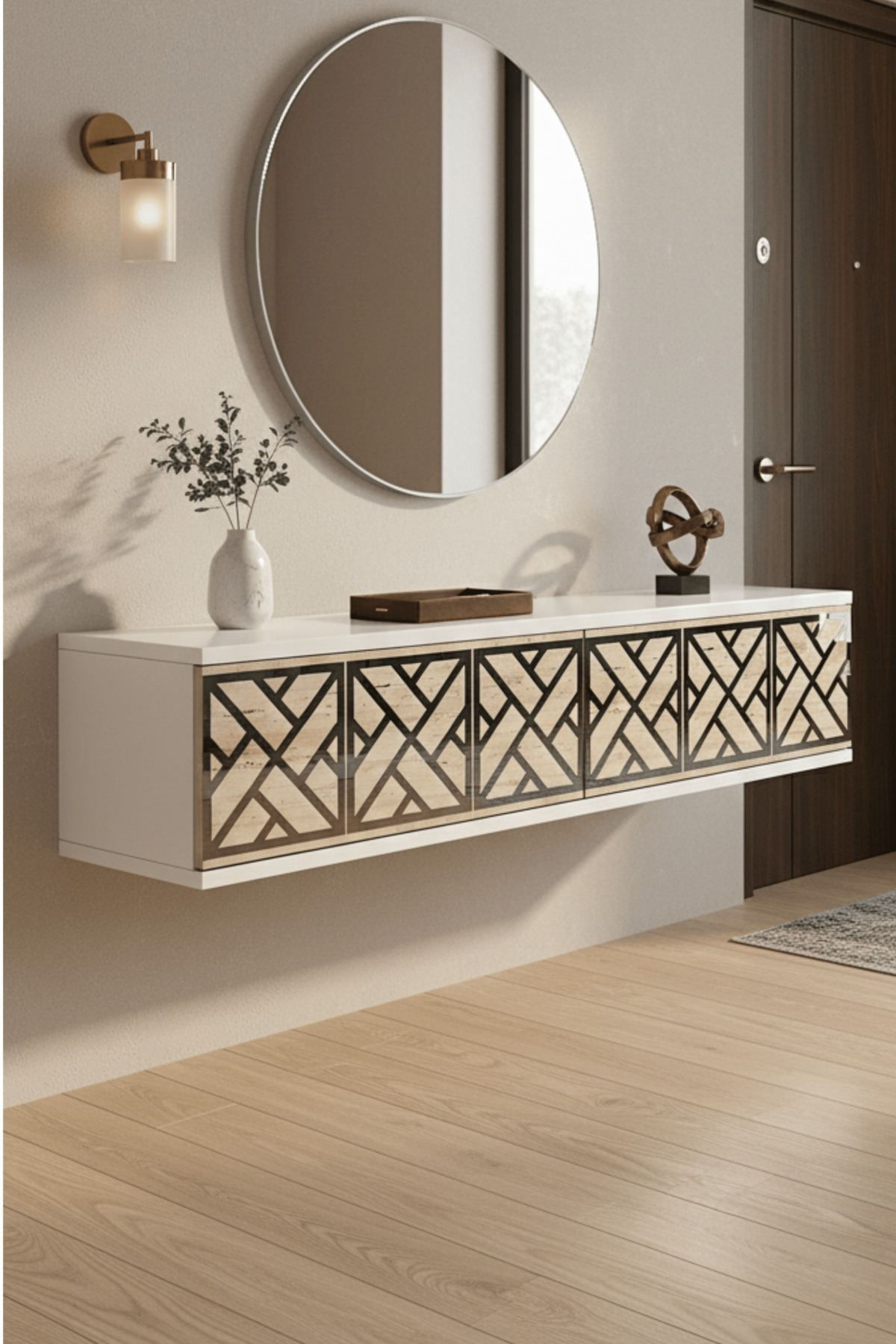 Comoda dormitor Arex 120, 120 x 25, 5 x 29, 6 cm, alb argintiu travertin, PAL melaminat, oglinda inclusa, fixare pe perete, alb / silver / travertin — imaginea 6
