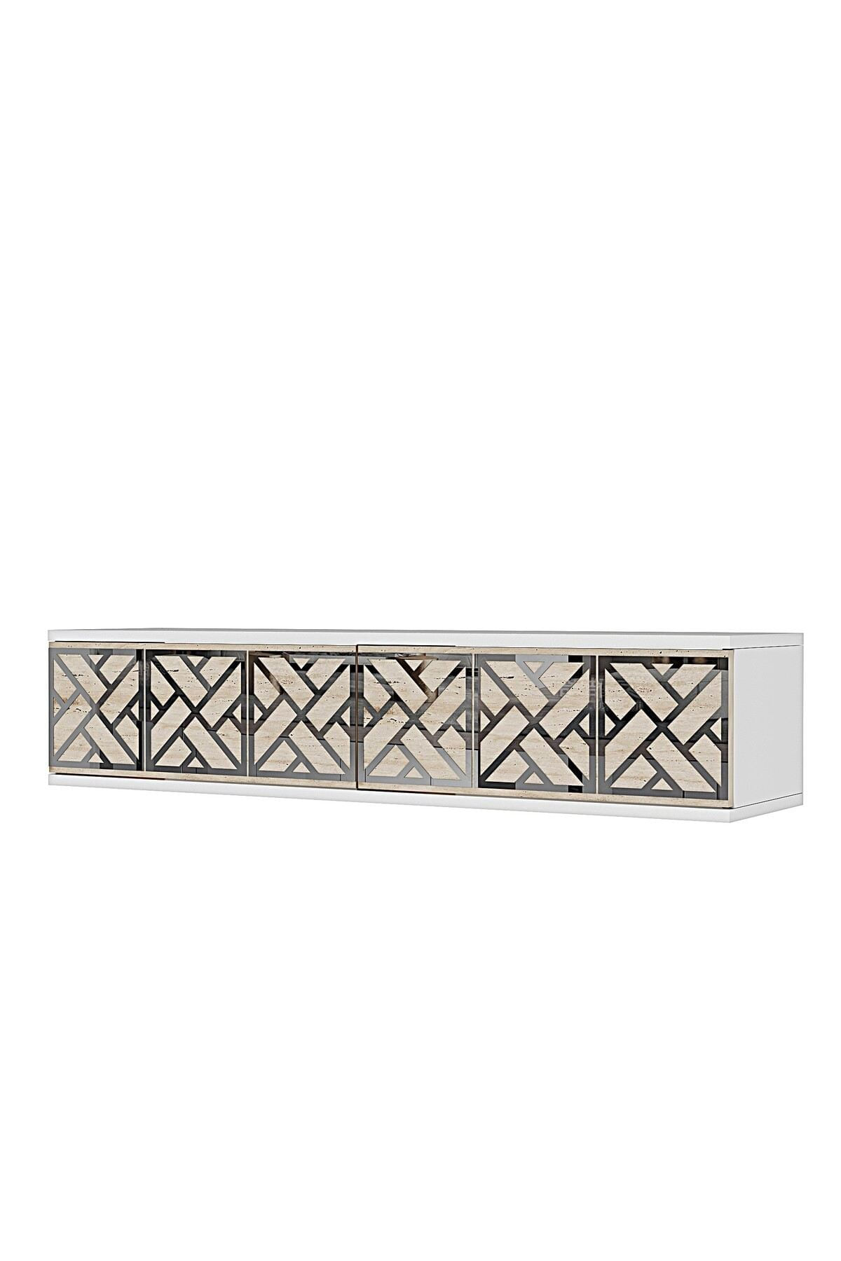 Comoda dormitor Arex 120, 120 x 25, 5 x 29, 6 cm, alb argintiu travertin, PAL melaminat, oglinda inclusa, fixare pe perete, alb / silver / travertin — imaginea 7