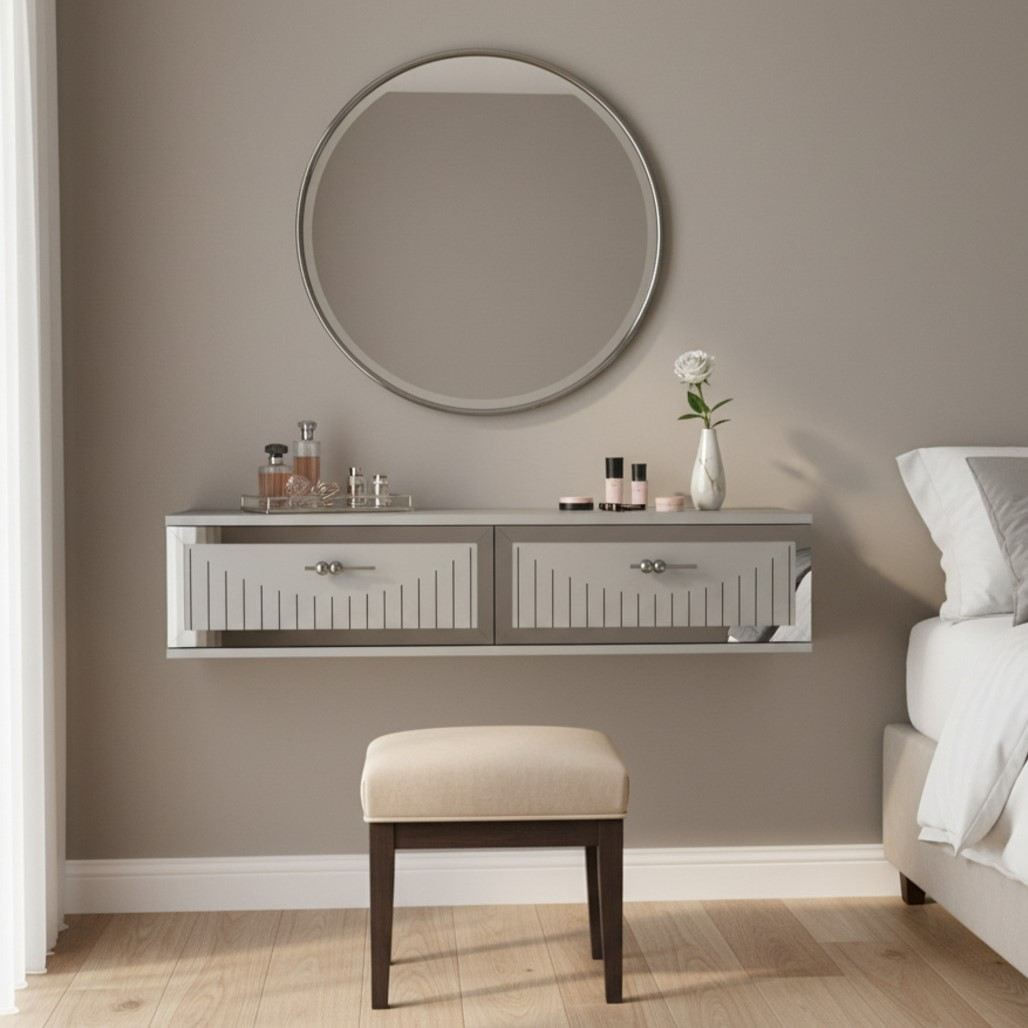 Comoda dormitor Tuna 120, 120 x 25, 5 x 29, 6 cm, alb argintiu, PAL melaminat, oglinda inclusa, fixare pe perete, alb / silver — imaginea 7