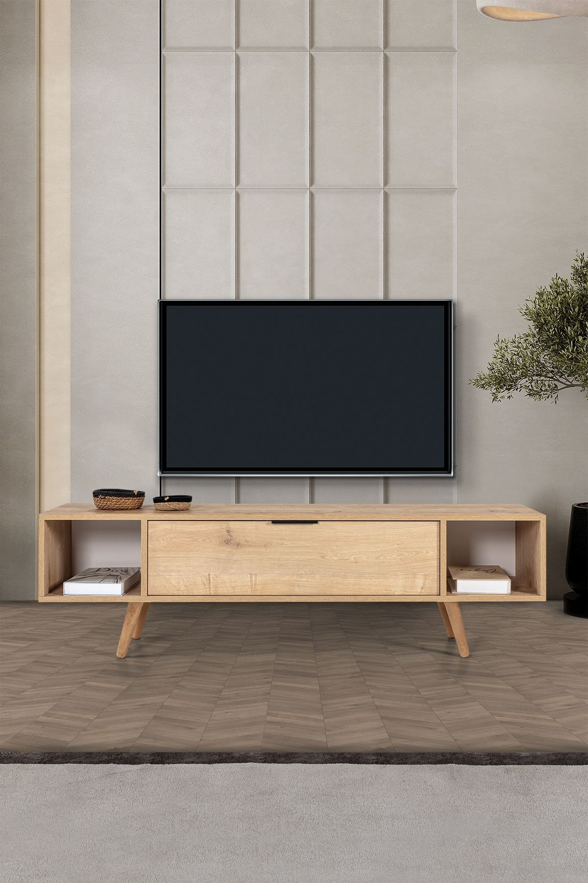 Comoda TV Mesir 3627, 160 x 47 x 35 cm, stejar safir, PAL melaminat — imaginea 2