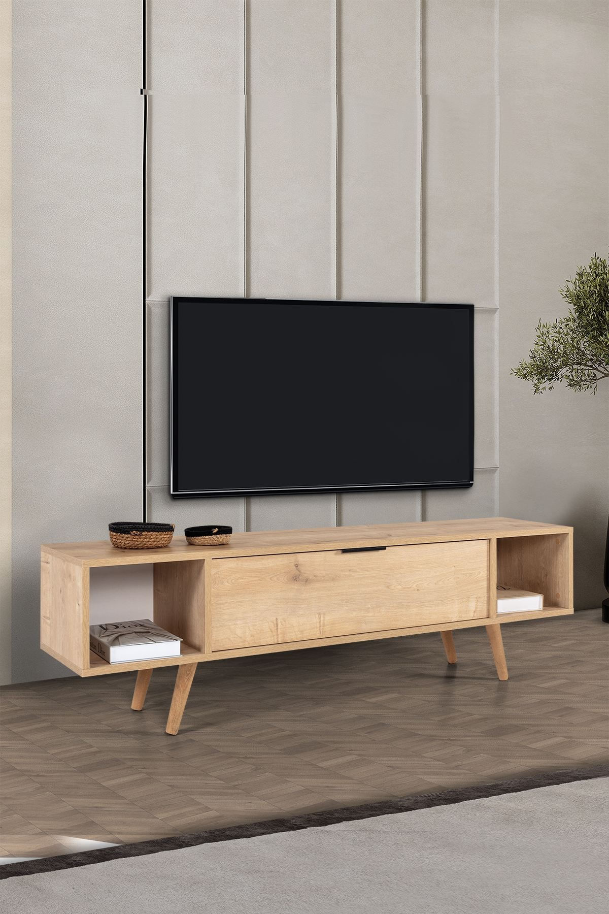 Comoda TV Mesir 3627, 160 x 47 x 35 cm, stejar safir, PAL melaminat — imaginea 4