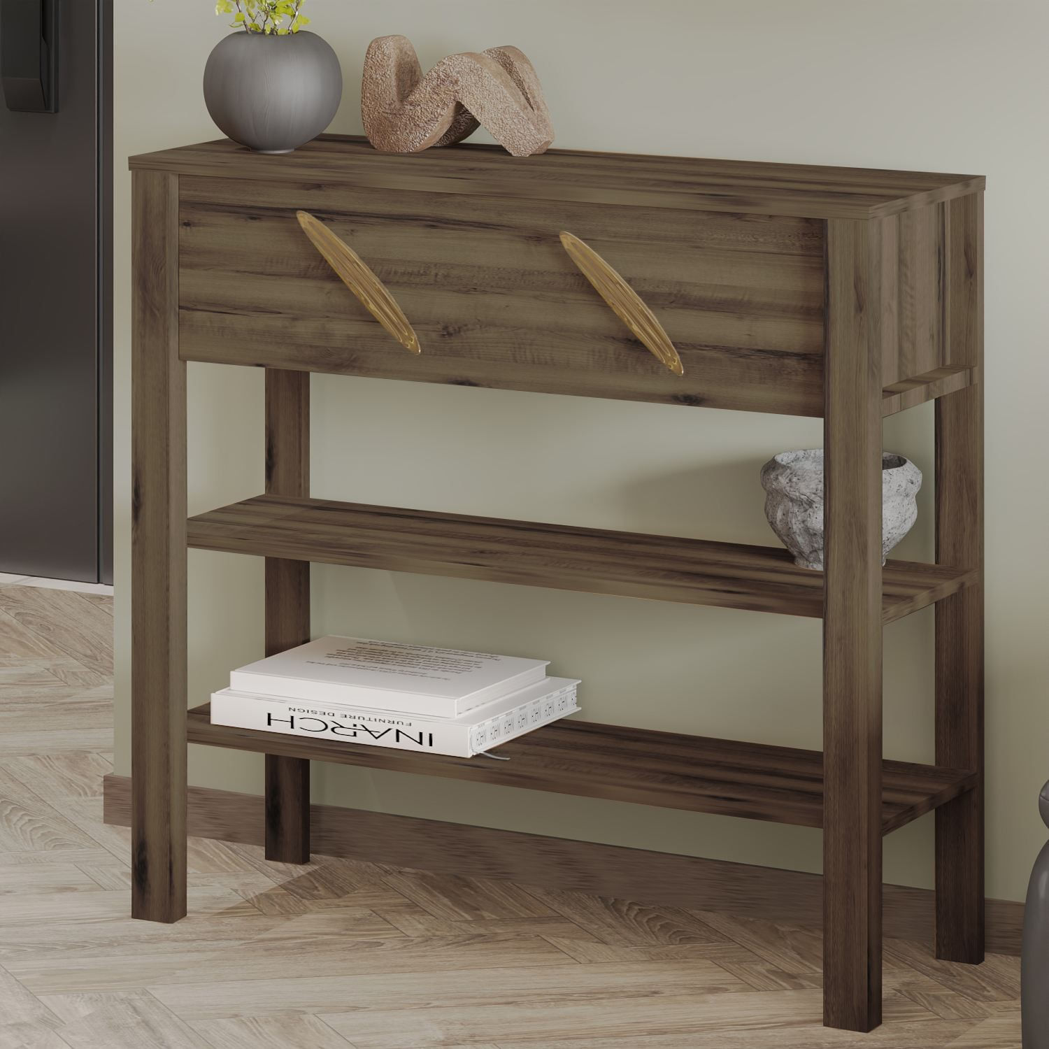 Comoda dormitor Henric, 90 x 85 x 30 cm, nuc antichizat, PAL melaminat, fixare pe perete, antique nuc — imaginea 3
