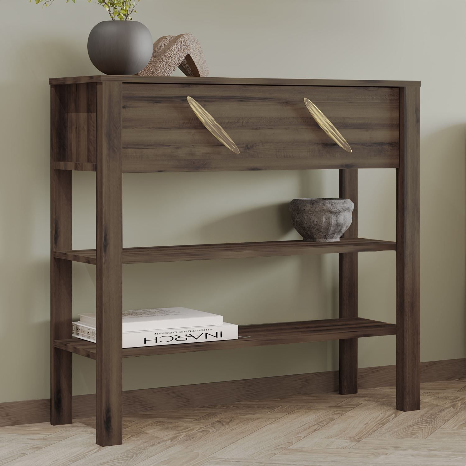 Comoda dormitor Henric, 90 x 85 x 30 cm, nuc antichizat, PAL melaminat, fixare pe perete, antique nuc — imaginea 4