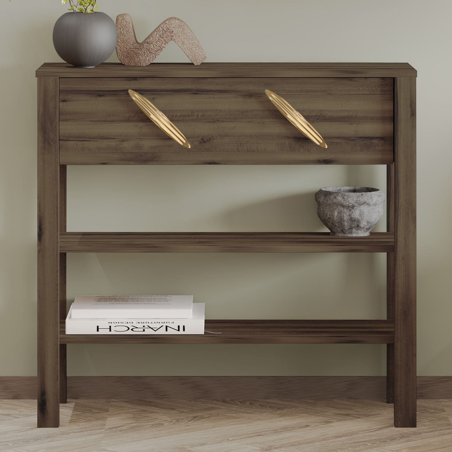 Comoda dormitor Henric, 90 x 85 x 30 cm, nuc antichizat, PAL melaminat, fixare pe perete, antique nuc — imaginea 5