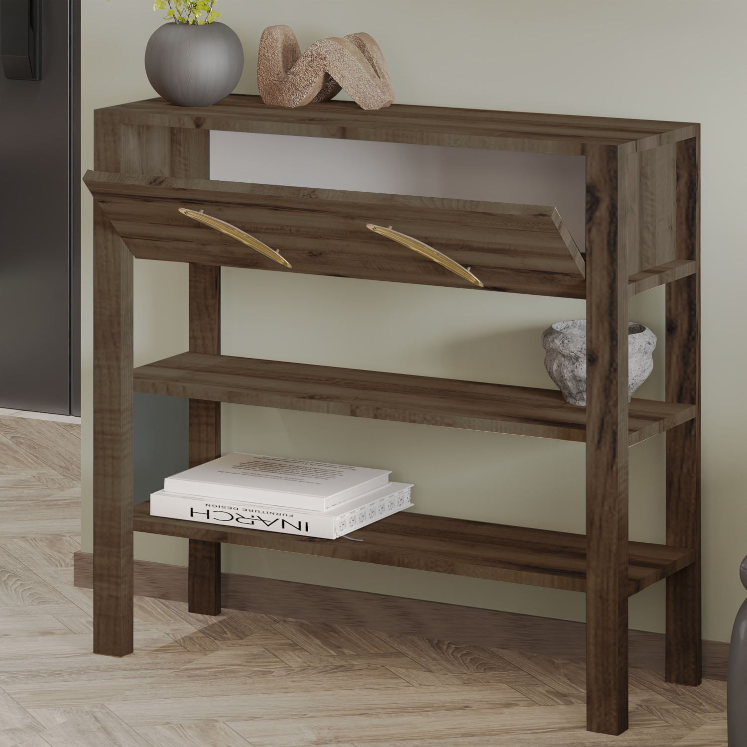 Comoda dormitor Henric, 90 x 85 x 30 cm, nuc antichizat, PAL melaminat, fixare pe perete, antique nuc — imaginea 6
