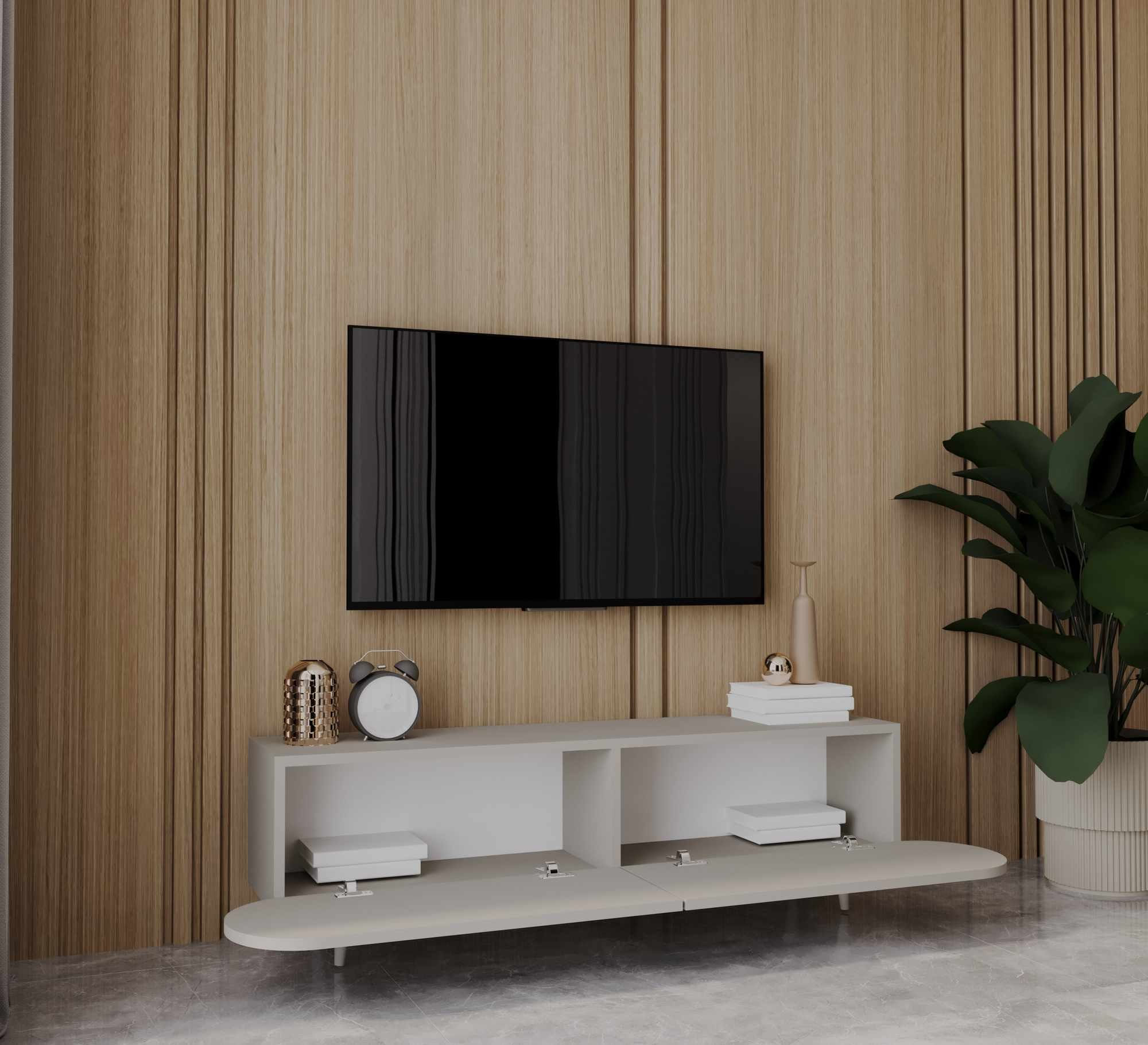 Comoda TV Regulus 140, 140 x 49 x 30 cm, bej nisip, MDF, capacitate 22 kg, sandstone — imaginea 3