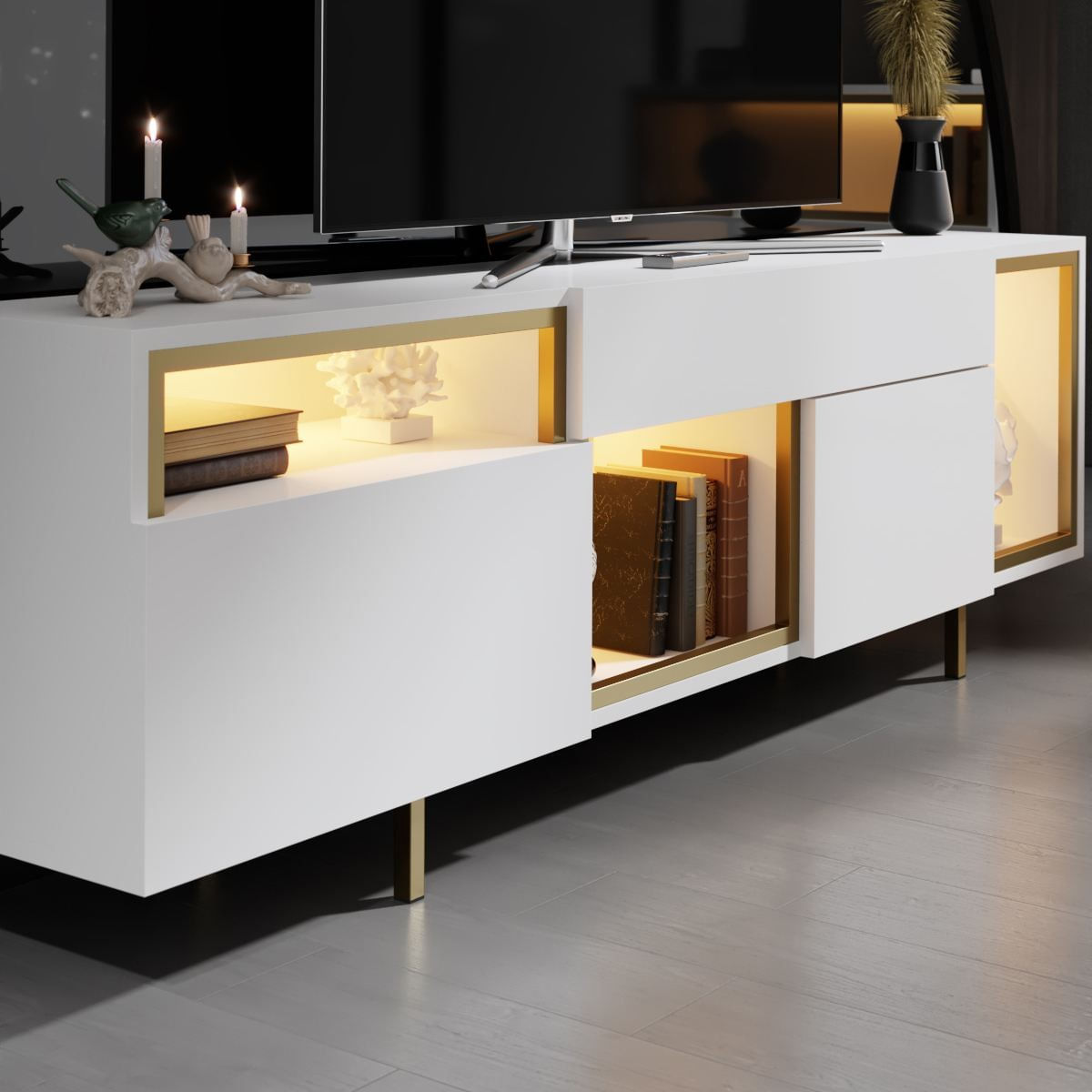 Comoda TV Norm, 180 x 55 x 32 cm, alb auriu, PAL melaminat, spatiu de depozitare, fixare pe perete, alb / gold — imaginea 2