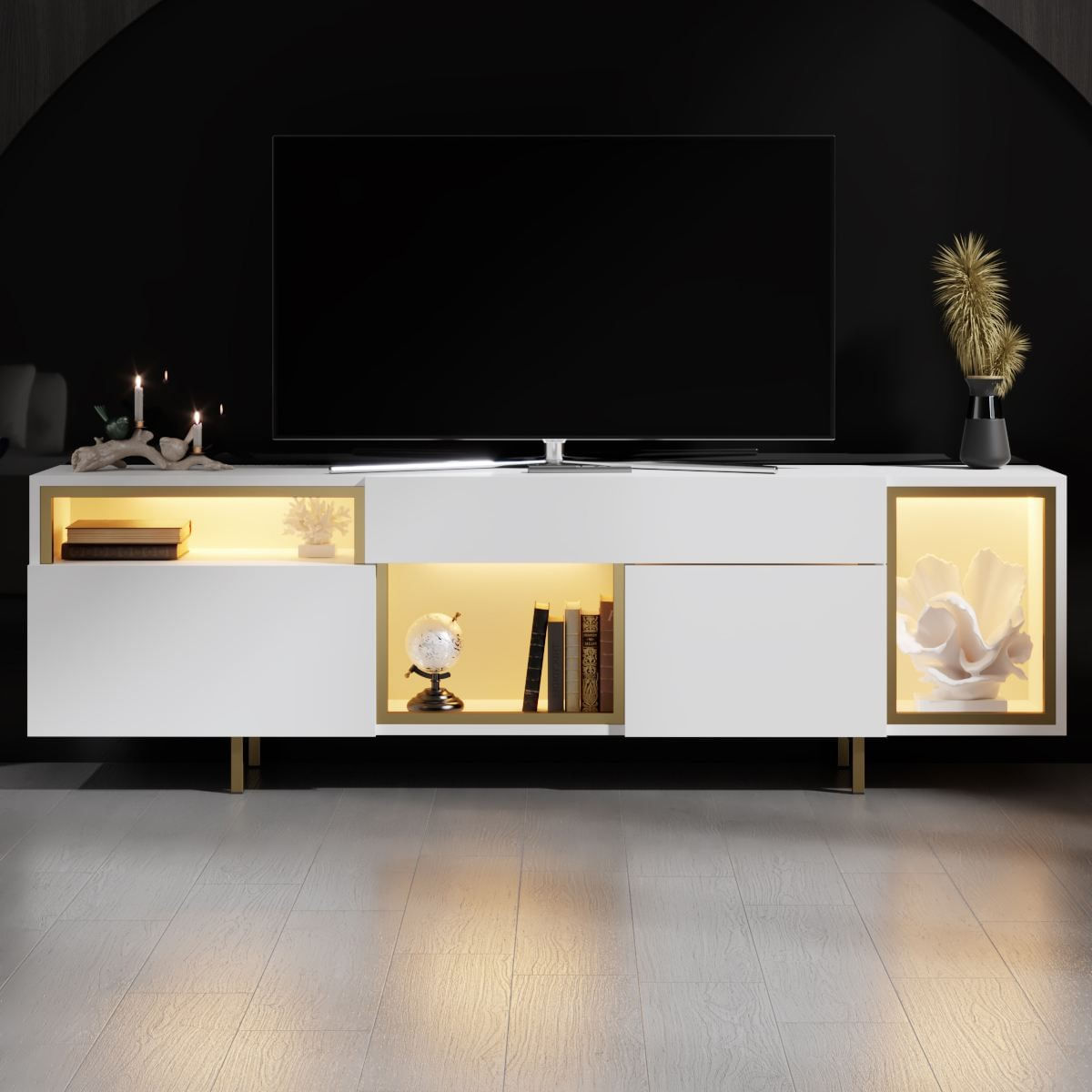 Comoda TV Norm, 180 x 55 x 32 cm, alb auriu, PAL melaminat, spatiu de depozitare, fixare pe perete, alb / gold — imaginea 3
