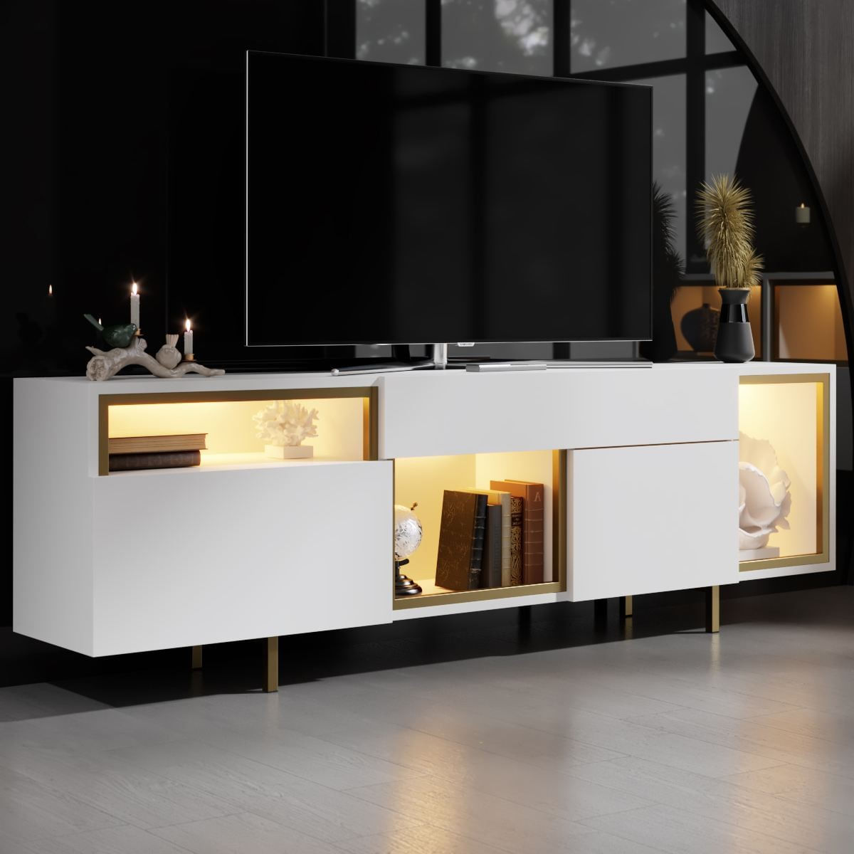 Comoda TV Norm, 180 x 55 x 32 cm, alb auriu, PAL melaminat, spatiu de depozitare, fixare pe perete, alb / gold — imaginea 5