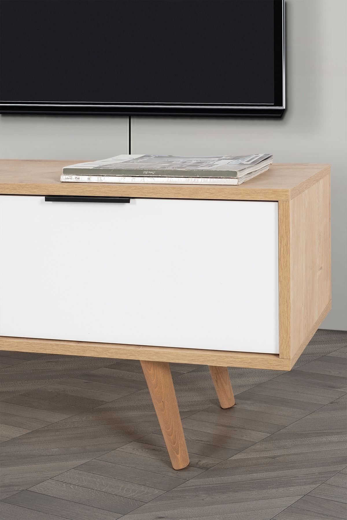 Comoda TV Venüs 3340, 130 x 46 x 35 cm, stejar safir alb, PAL melaminat — imaginea 2