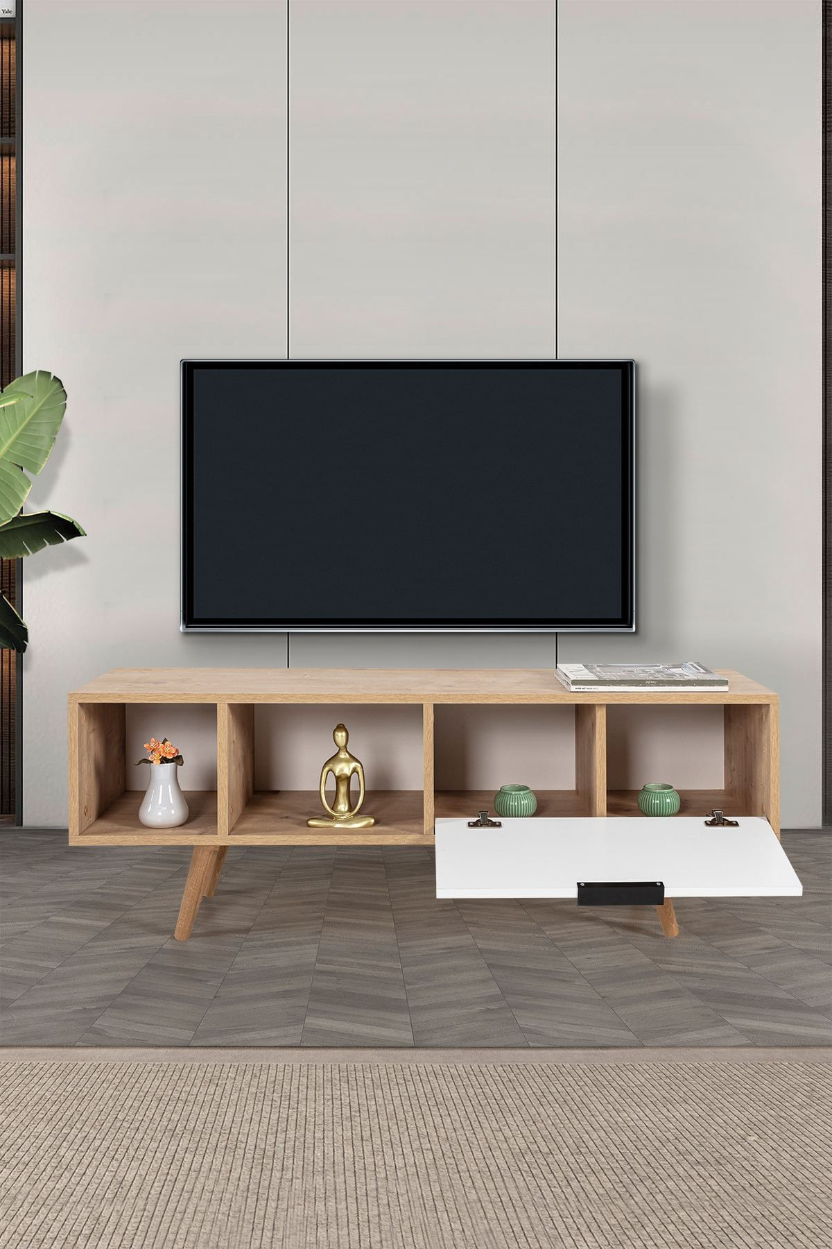 Comoda TV Venüs 3340, 130 x 46 x 35 cm, stejar safir alb, PAL melaminat — imaginea 3