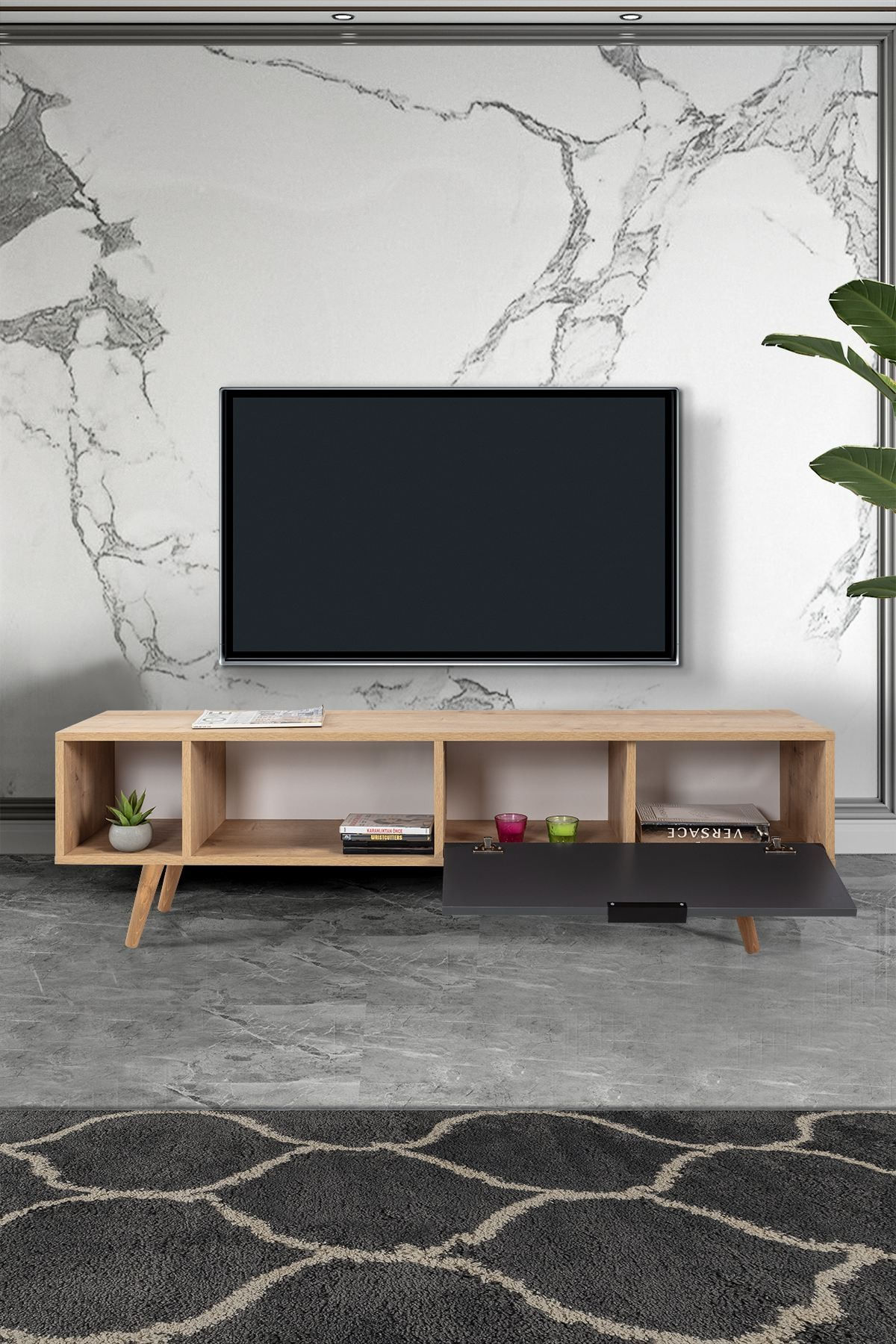 Comoda TV Venüs 3641, 160 x 46 x 35 cm, stejar safir antracit, PAL melaminat — imaginea 3