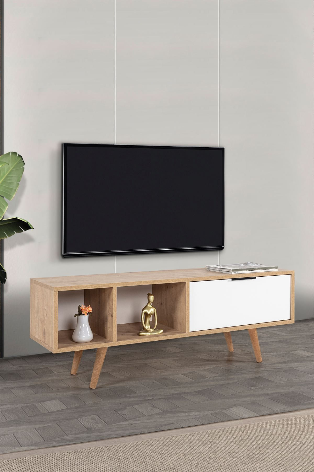 Comoda TV Venüs 3340, 130 x 46 x 35 cm, stejar safir alb, PAL melaminat — imaginea 5