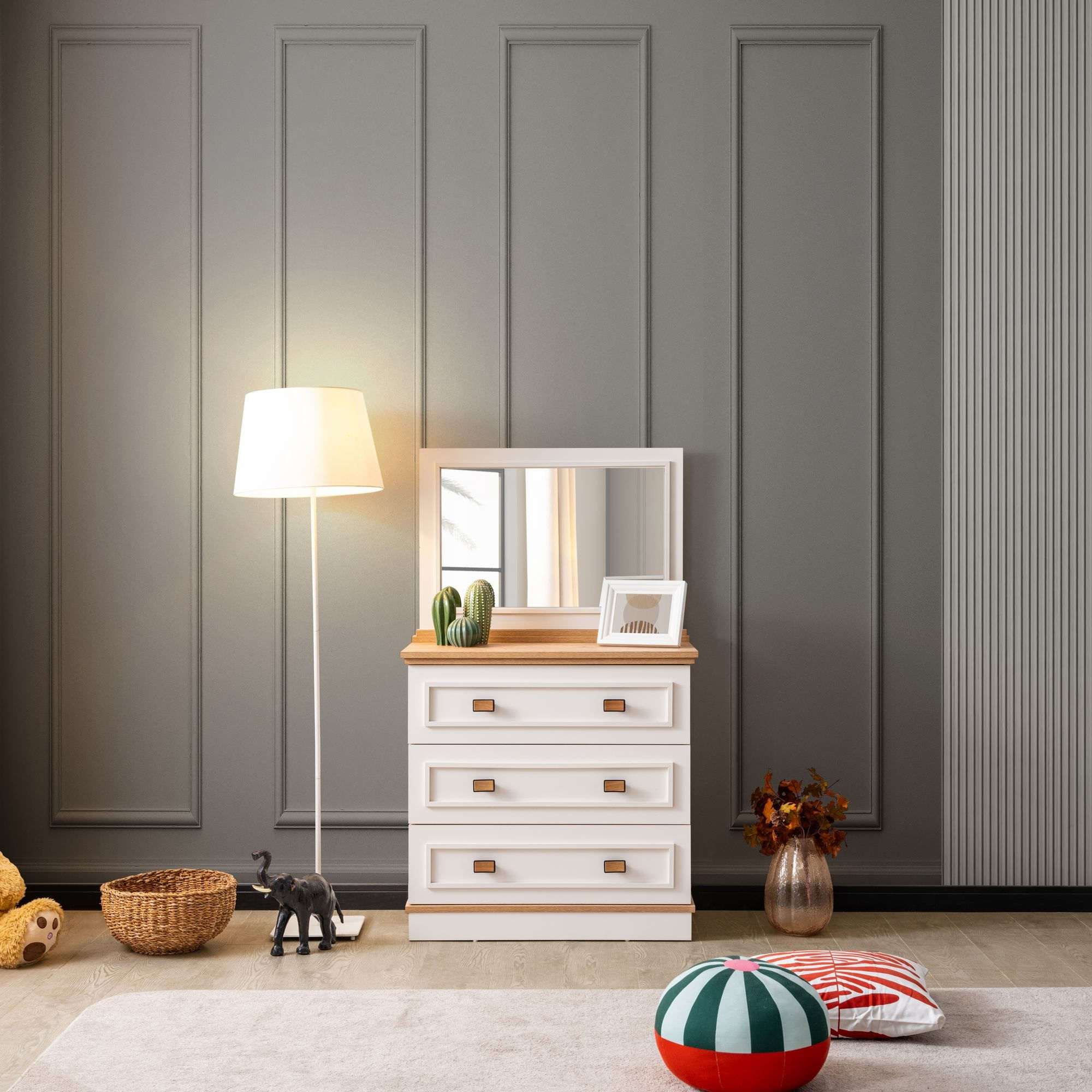 Comoda dormitor Zenit, 84 x 140 x 43 cm, crem deschis, PAL melaminat, spatiu de depozitare, fixare pe perete — imaginea 6