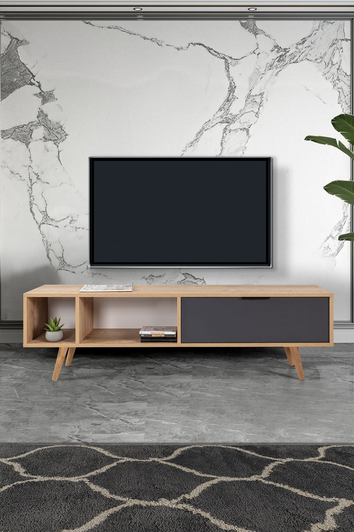 Comoda TV Venüs 3641, 160 x 46 x 35 cm, stejar safir antracit, PAL melaminat — imaginea 5