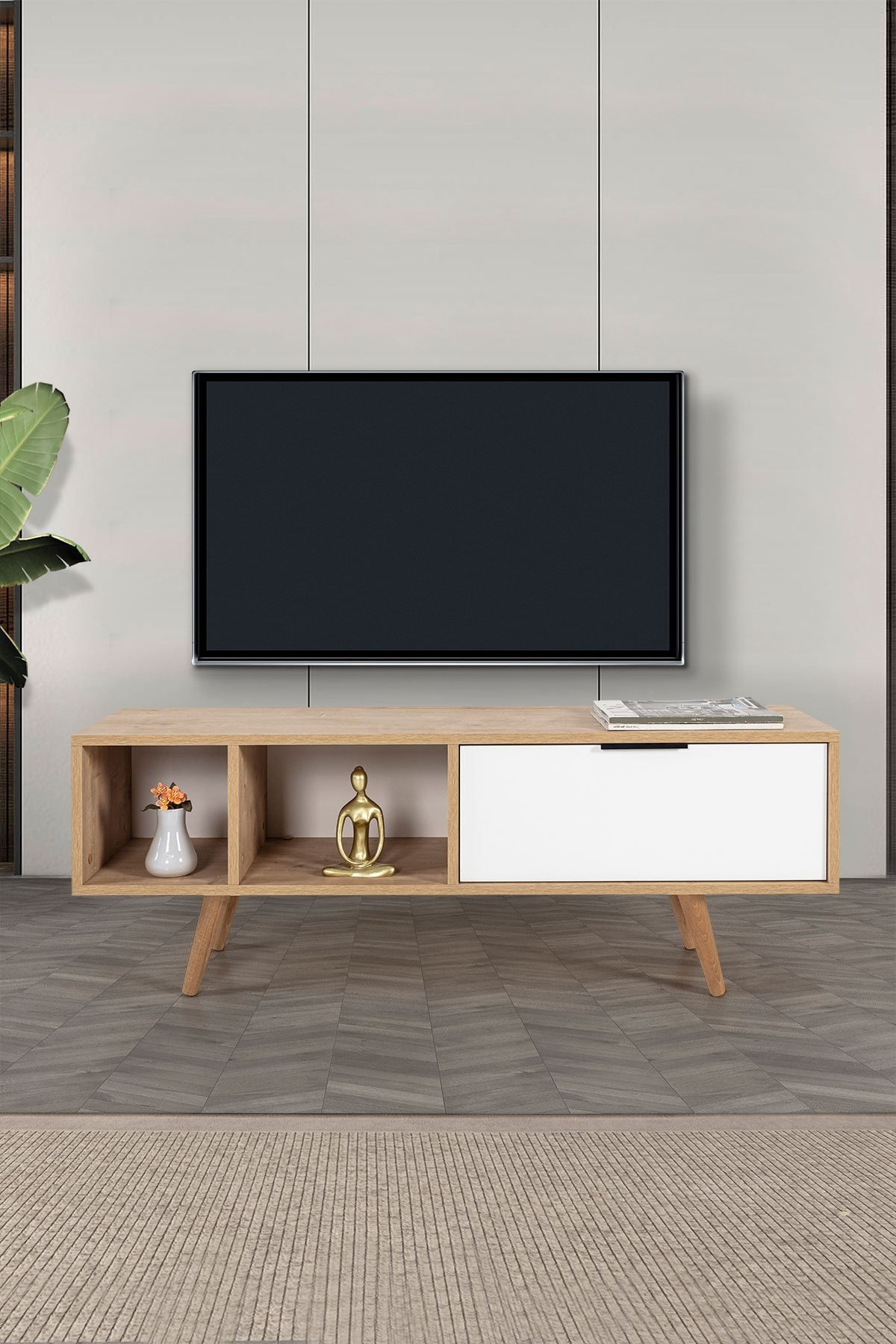 Comoda TV Venüs 3340, 130 x 46 x 35 cm, stejar safir alb, PAL melaminat — imaginea 6