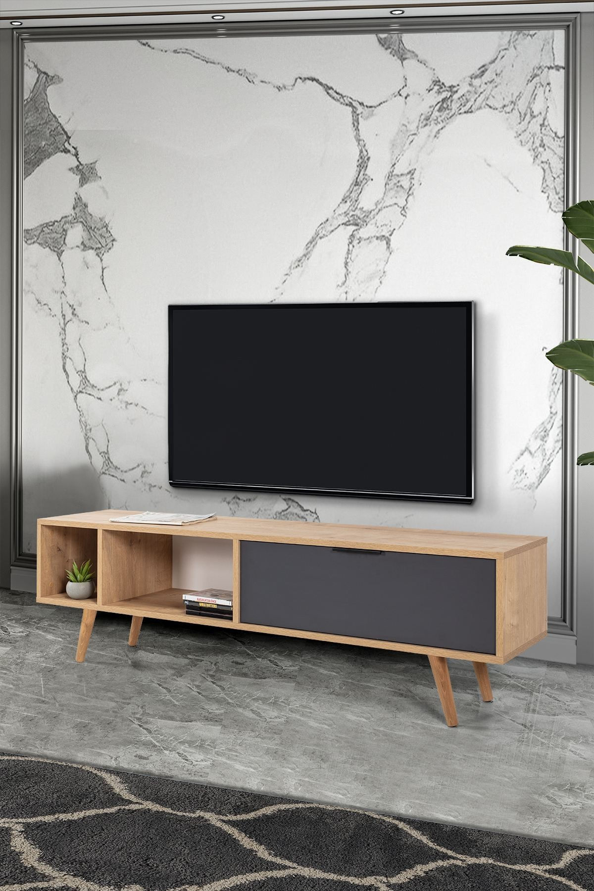 Comoda TV Venüs 3641, 160 x 46 x 35 cm, stejar safir antracit, PAL melaminat — imaginea 7