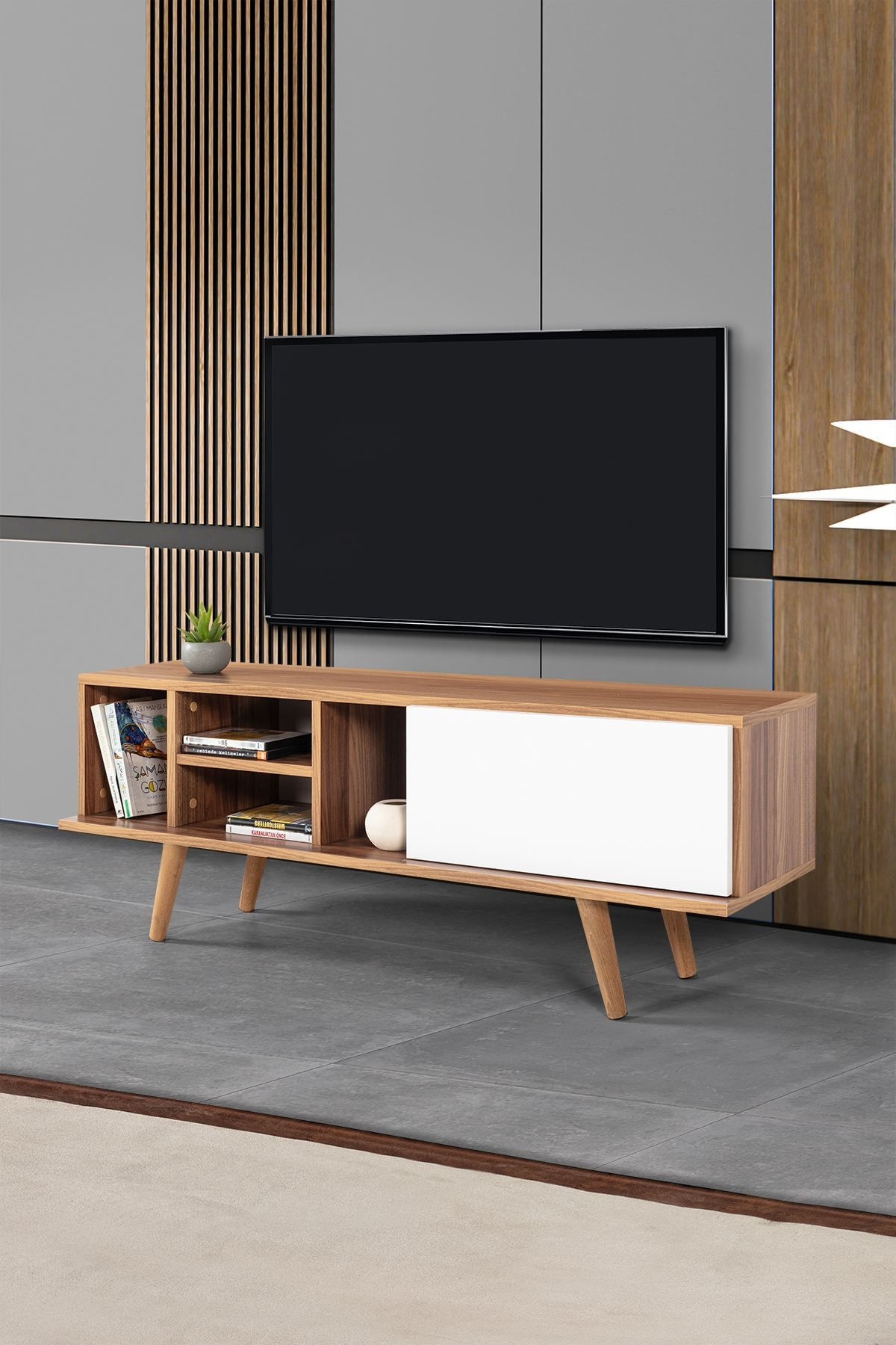 Comoda TV Ela 3333, 130 x 47 x 35 cm, nuc alb, PAL melaminat — imaginea 2