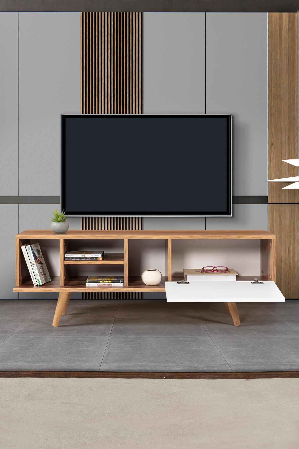 Comoda TV Ela 3333, 130 x 47 x 35 cm, nuc alb, PAL melaminat — imaginea 5