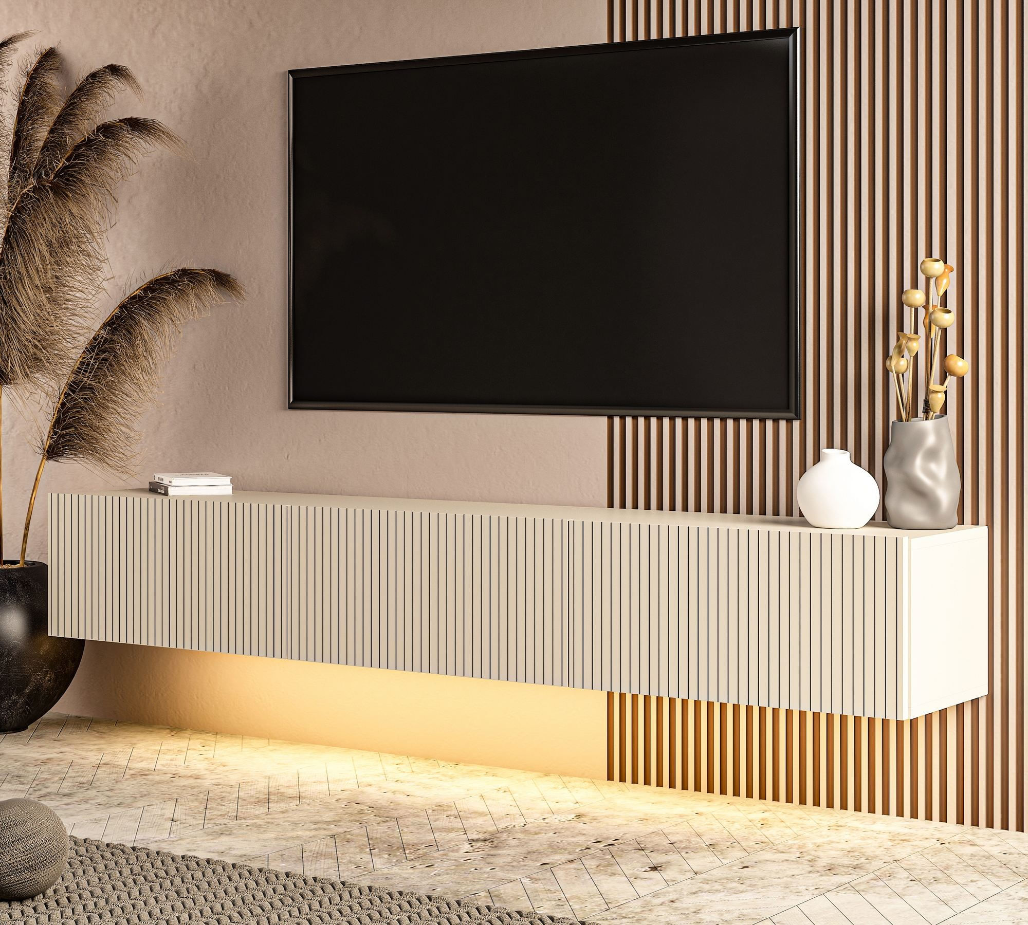 Comoda TV Ada, 180 x 28, 6 x 31, 4 cm, bej nisip, PAL melaminat, fixare pe perete, sandstone — imaginea 3