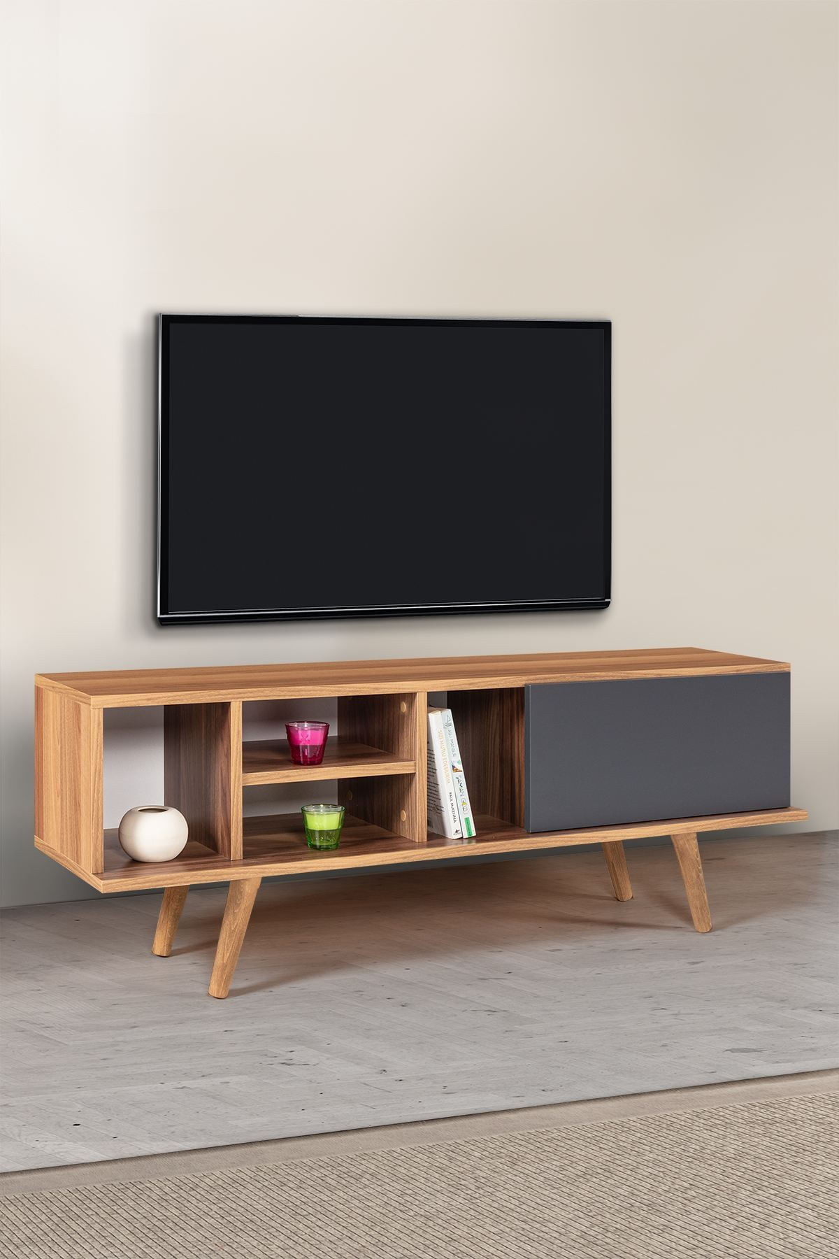 Comoda TV Ela 3331, 130 x 47 x 35 cm, nuc antracit, PAL melaminat — imaginea 2